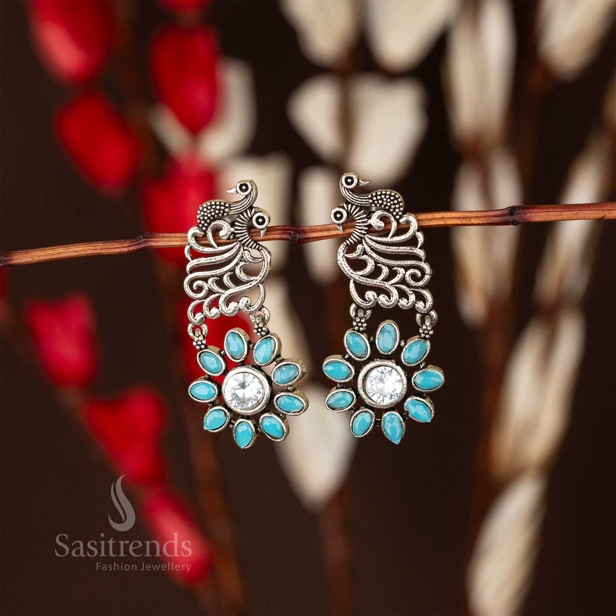 Peacock Petal Oxidised Silver Earrings with Gemstone Embellishments - Sasitrends - Image 3