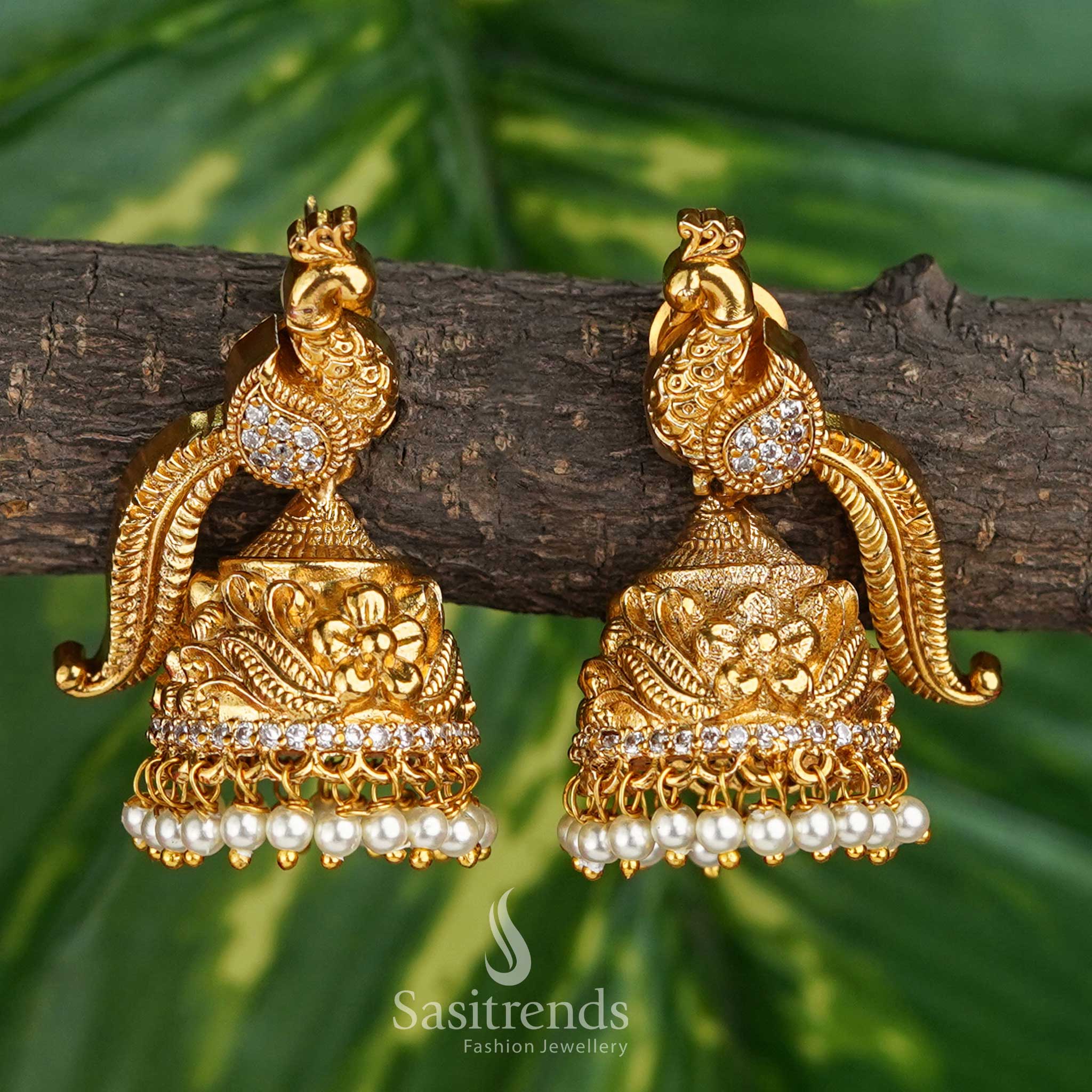 Divine Peacock Feathered Elegance: Traditional Brass Jhumki/Jhumka Earrings - Temple Matte Gold Plated | Sasitrends - Image 5