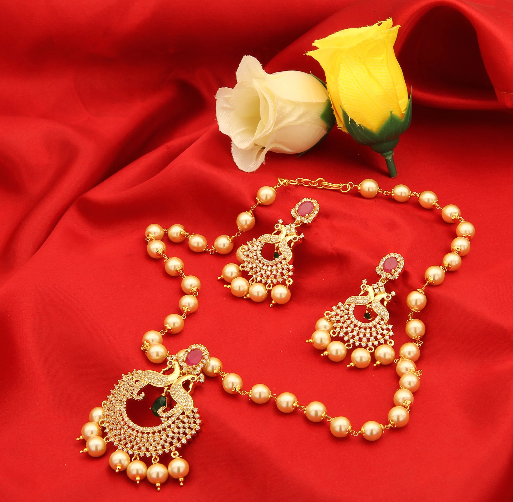 Stunning Traditional Wear: Micro Gold Plated Peacock Pendant Pearl Necklace Jewellery Set - Image 3
