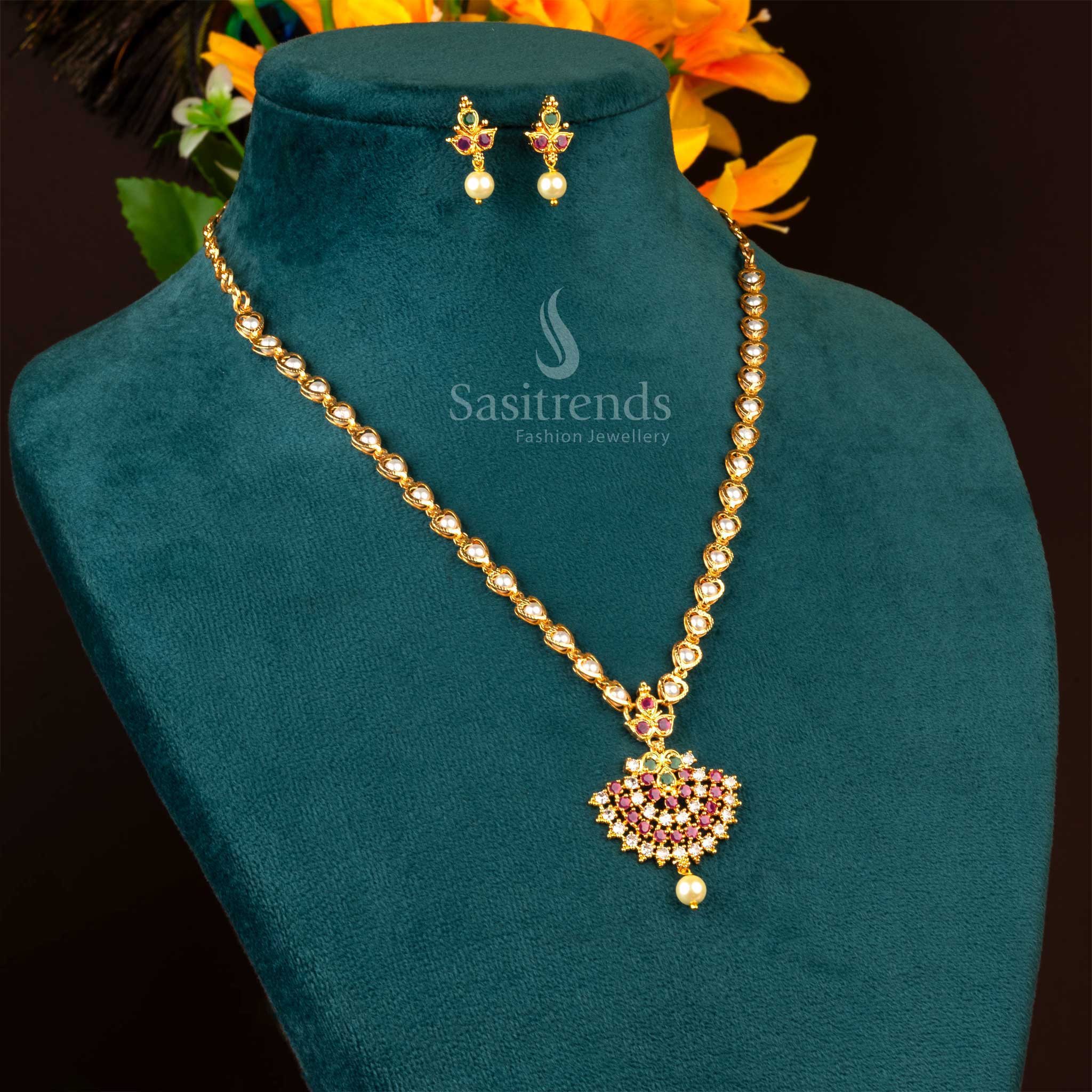 Exquisite Floral Charm: Micro Gold Plated Pearl Necklace Jewellery Set | Sasitrends - Image 3
