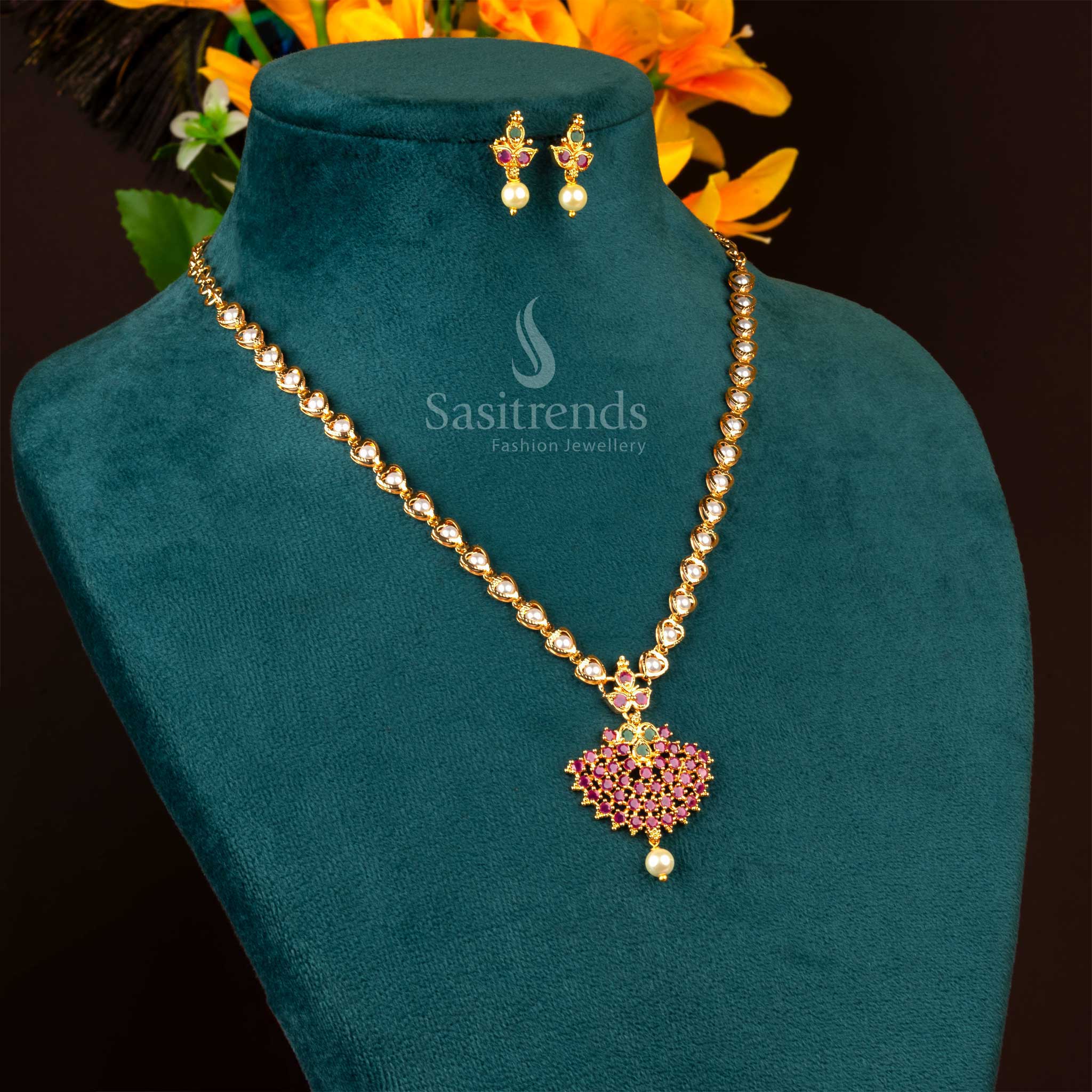 Exquisite Floral Charm: Micro Gold Plated Pearl Necklace Jewellery Set | Sasitrends - Image 4