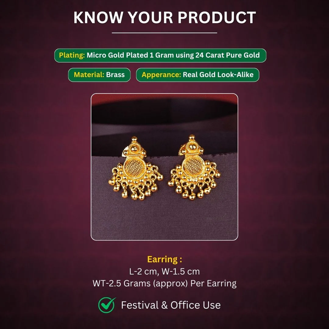 Traditional Elegant Micro Gold-Plated Round Mesh Earrings with Golden Balls - Sasitrends - Image 2