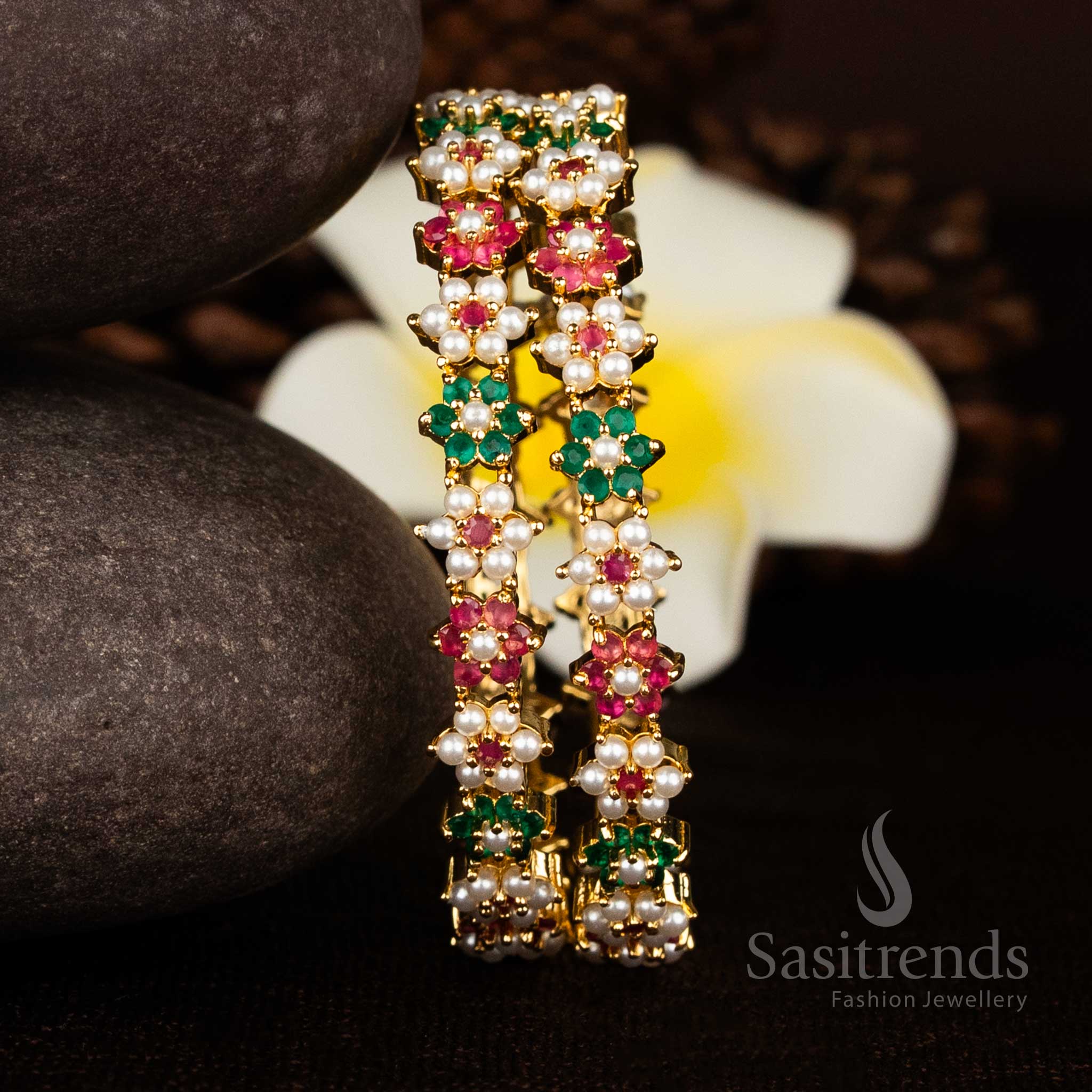 Traditional Premium Real Gold Look 24K Micro Gold Plated Floral AD Stone Pearl Bangles| Guaranteed - Image 2
