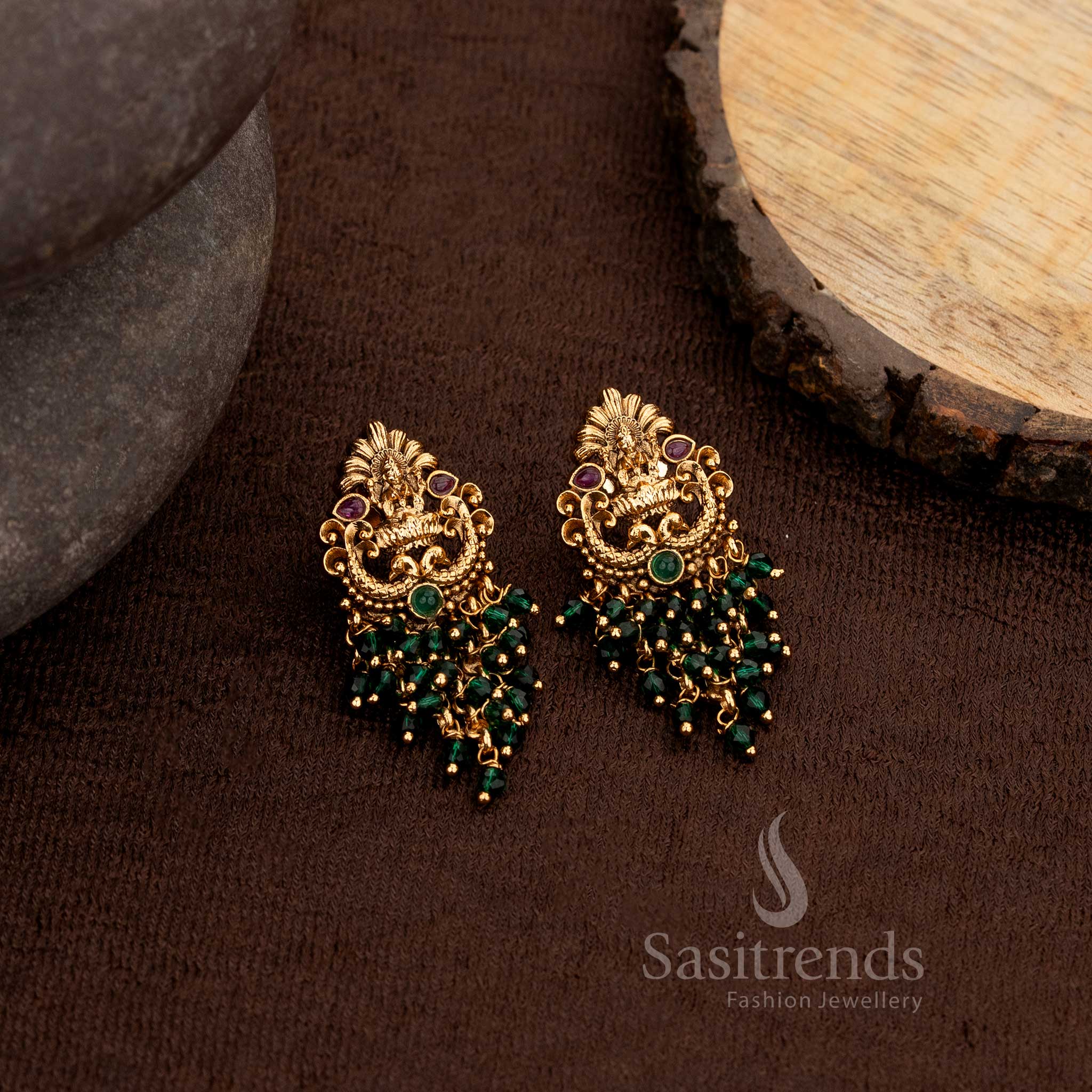 Premium Matte Gold Lakshmi & Peacock Temple Earrings with Green Pearls & Beads – Sasitrends - Image 2