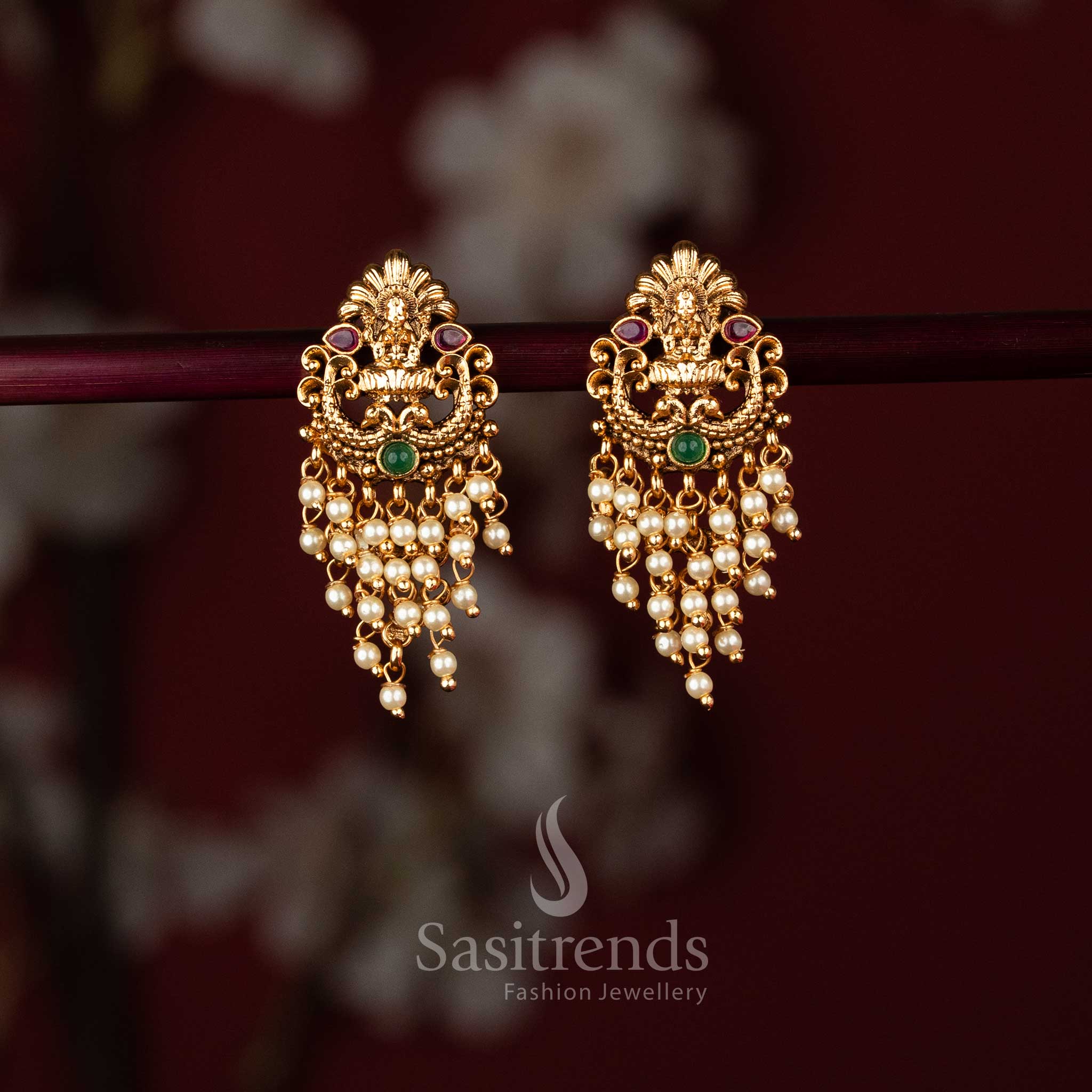 Premium Matte Gold Lakshmi & Peacock Temple Earrings with Green Pearls & Beads – Sasitrends - Image 5