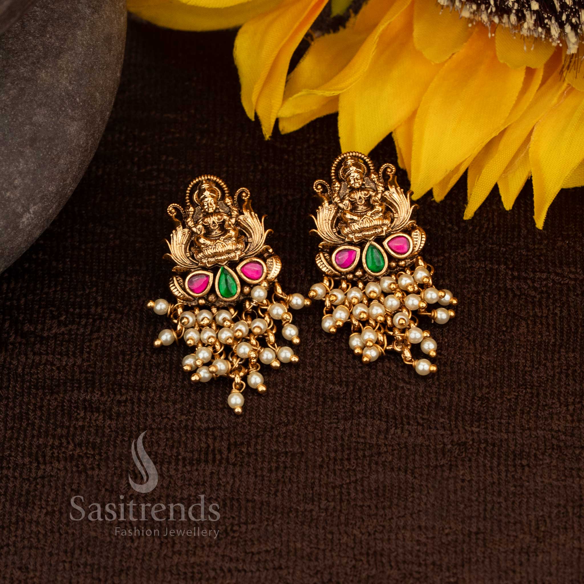 Beautiful Premium Matte Gold Lakshmi Temple Earrings with Stones With Pearls & Gold Beads – Sasitrends - Image 7