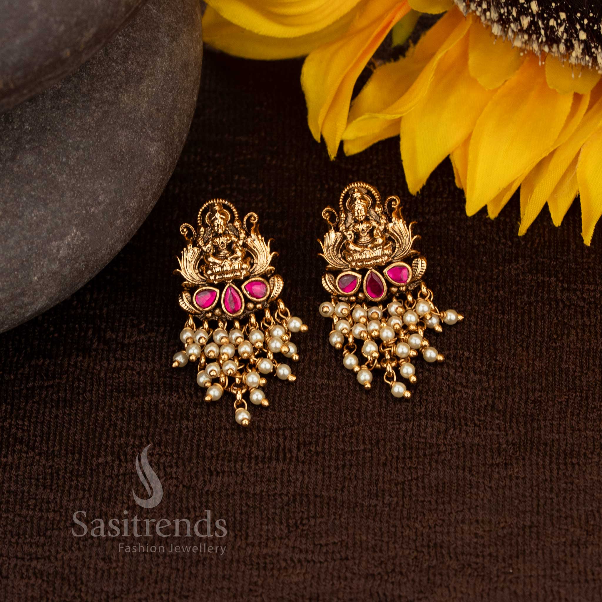 Beautiful Premium Matte Gold Lakshmi Temple Earrings with Stones With Pearls & Gold Beads – Sasitrends - Image 9