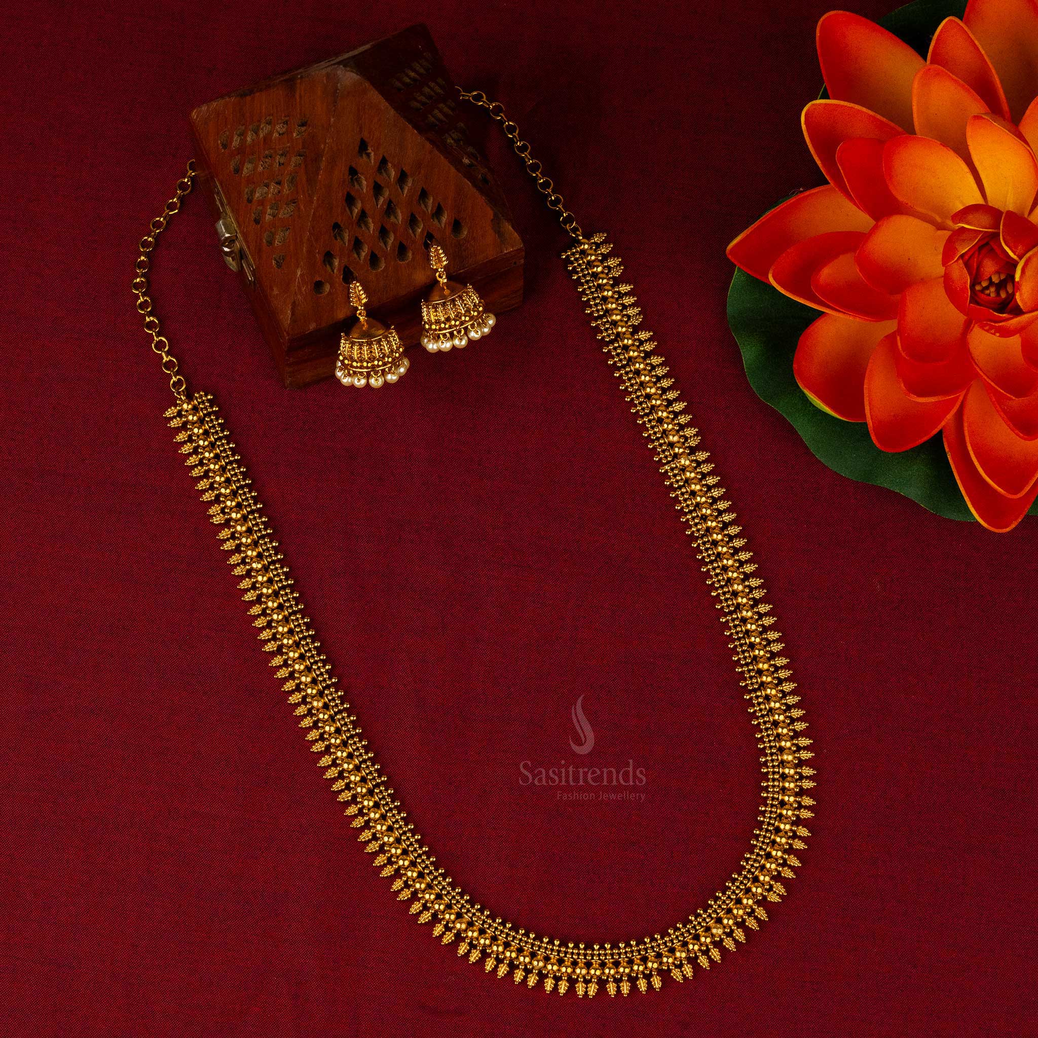 Sasitrends - Premium Matte Gold-Plated Long Temple Necklace Jewellery Set with Pearl Hangings