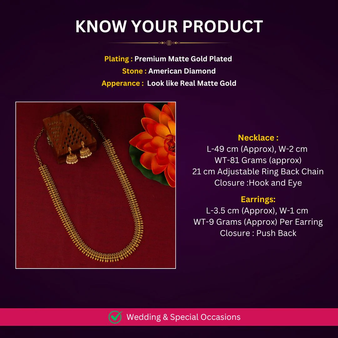 Sasitrends - Premium Matte Gold-Plated Long Temple Necklace Jewellery Set with Pearl Hangings - Image 2