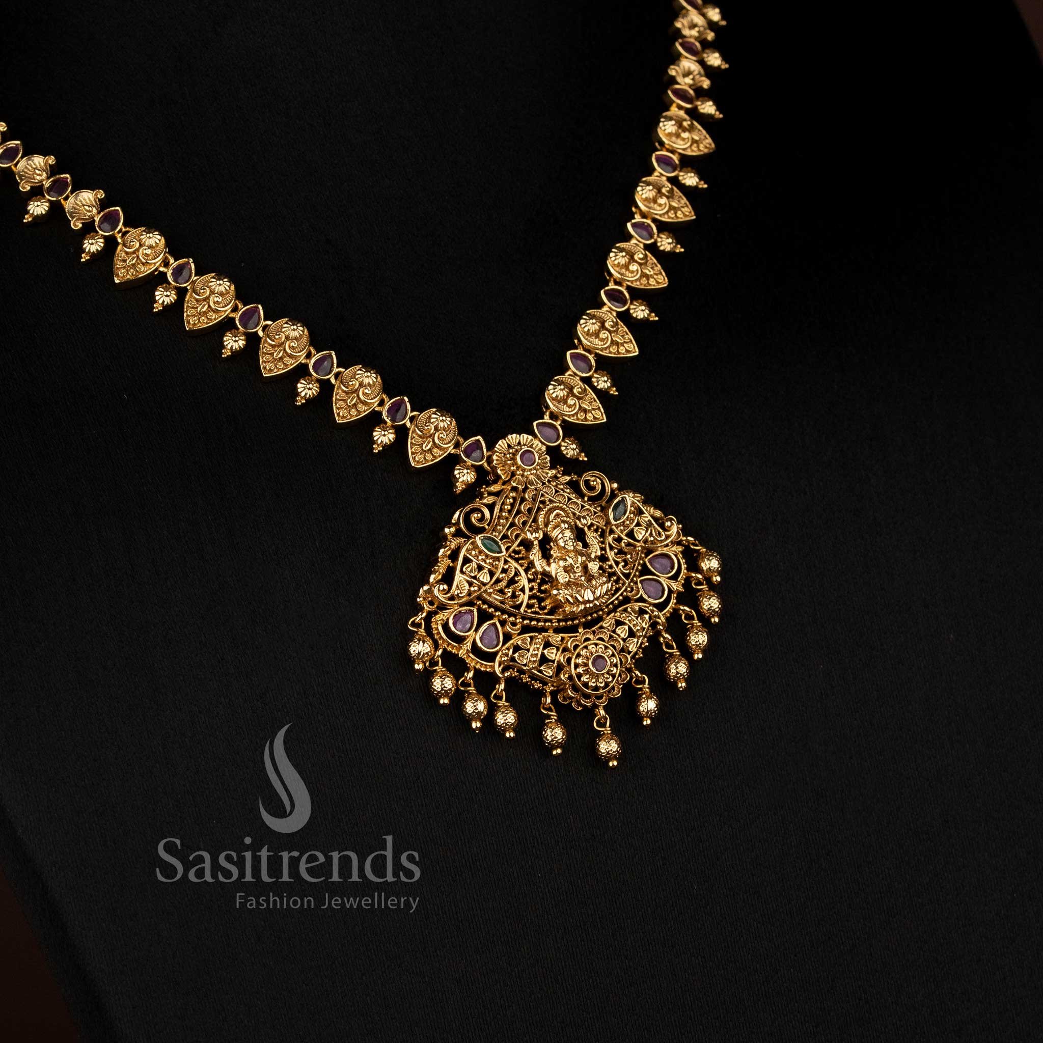 Premium Matte Gold Plated AD Lakshmi Inspired Floral Pendant Necklace Jewellery Set for Bridal & Festive Wear - Image 3