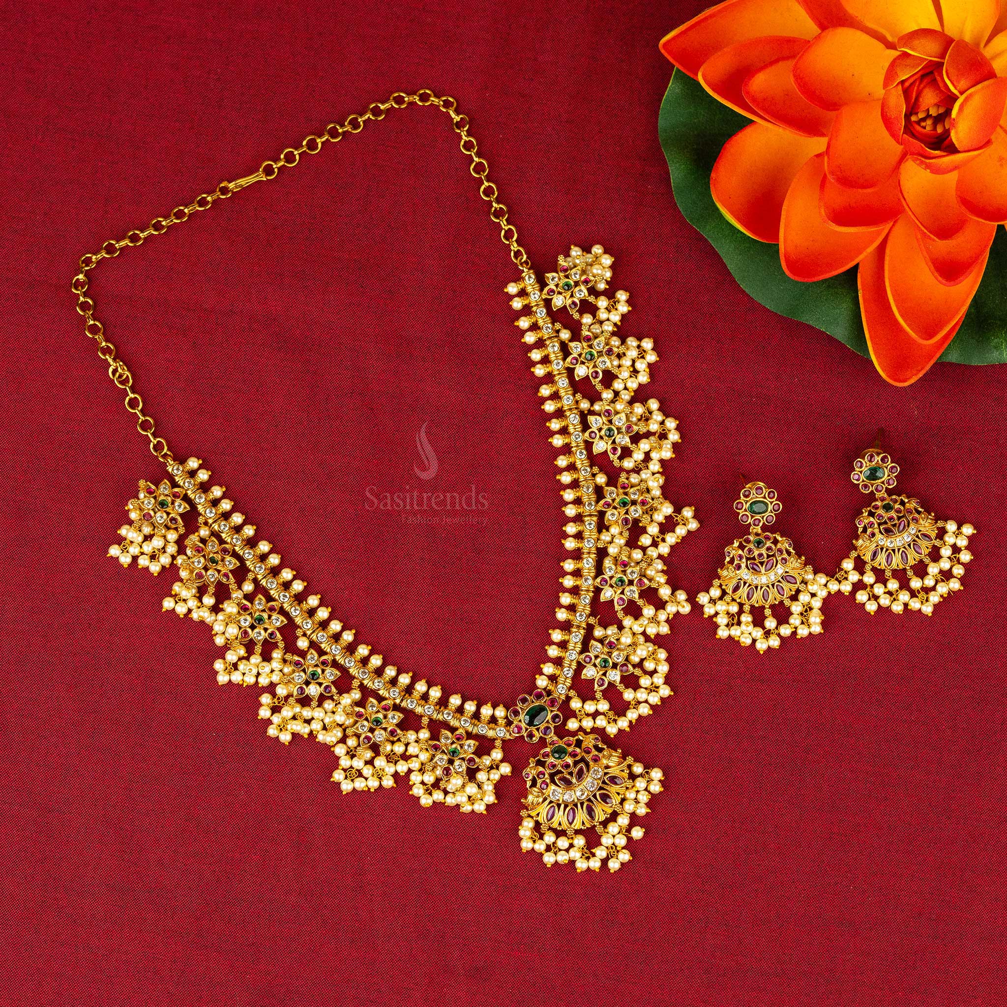 Premium Traditional Matte Gold Plated Gundu Pusalu Temple Necklace Jewellery Set - Sasitrends