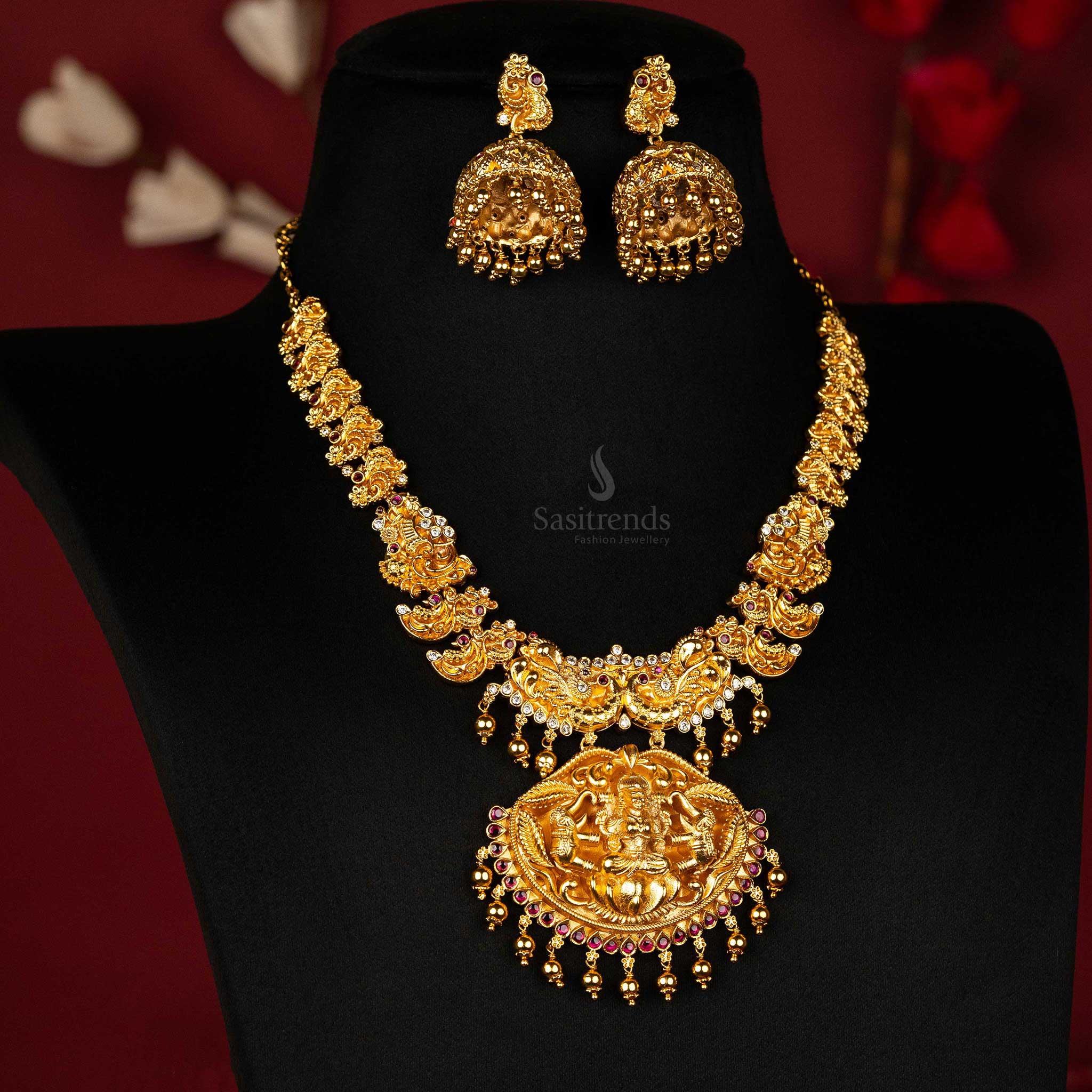 Sasitrends - Premium Matte Gold Plated Temple Lakshmi Naga Necklace Jewellery Set with Peacock and Elephant Motifs