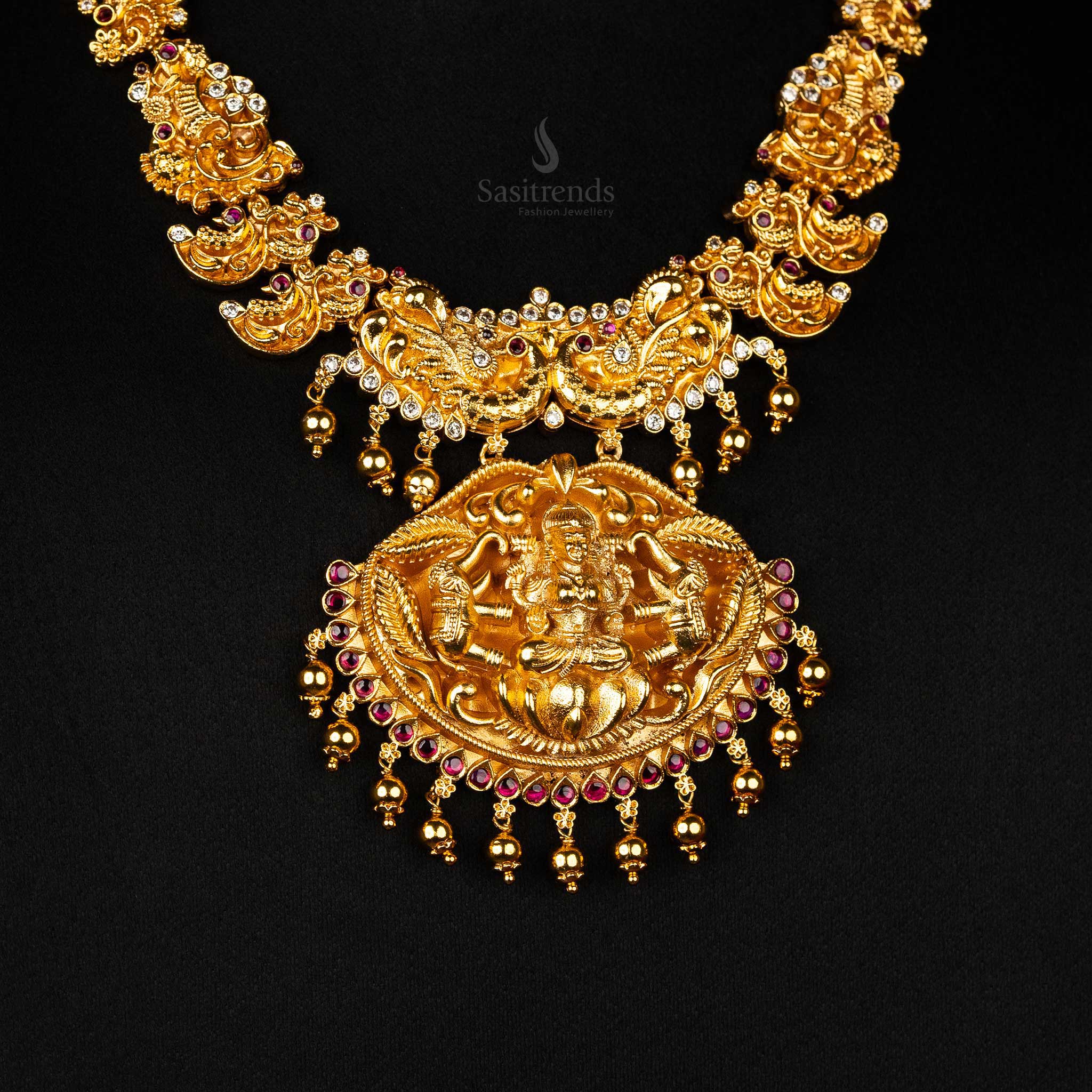 Sasitrends - Premium Matte Gold Plated Temple Lakshmi Naga Necklace Jewellery Set with Peacock and Elephant Motifs - Image 3