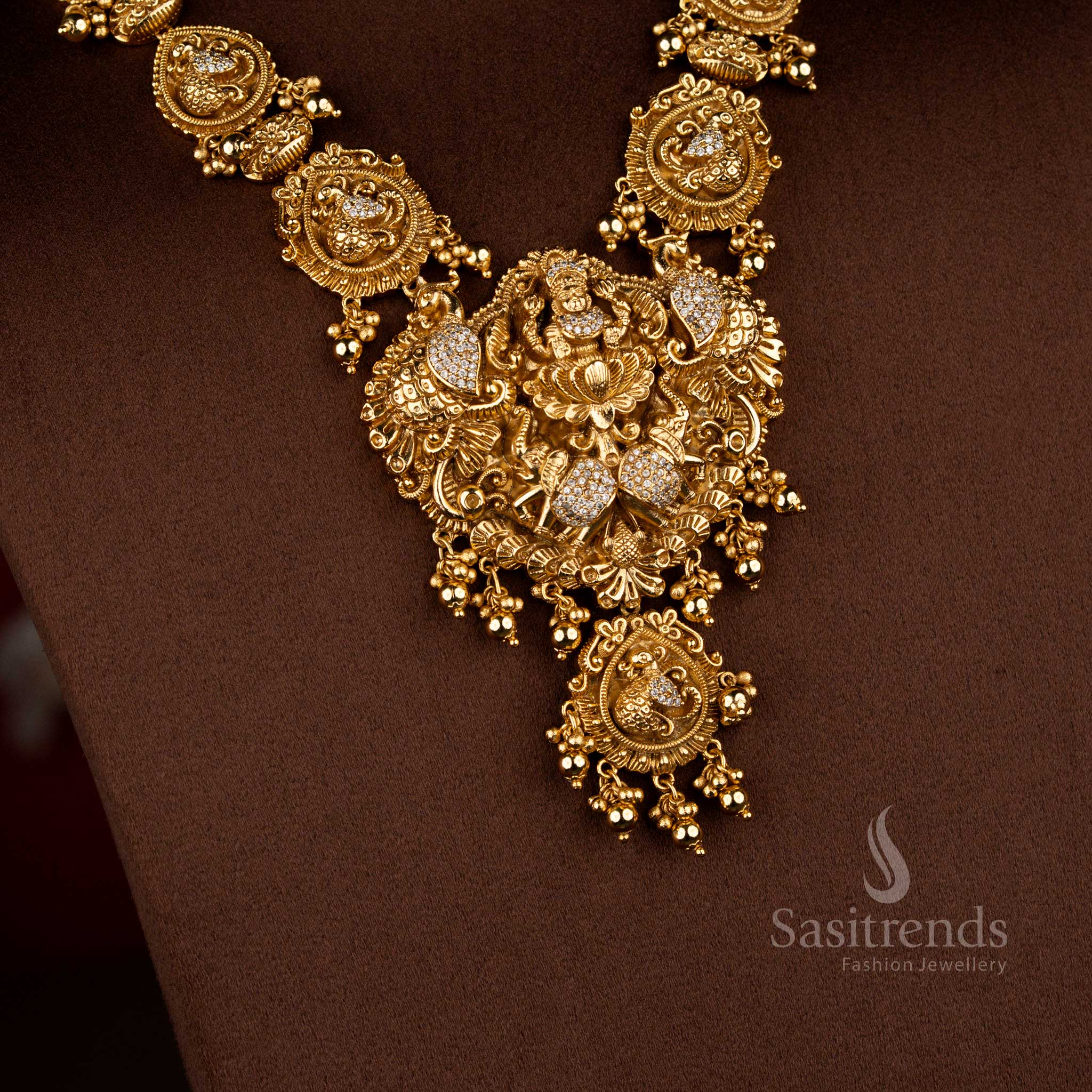 Wonderful Premium Matte Gold Plated Temple Dual Peacock with Goddess Lakshmi Necklace Jewellery Set for Weddings & Grand Traditional Functions - Image 2