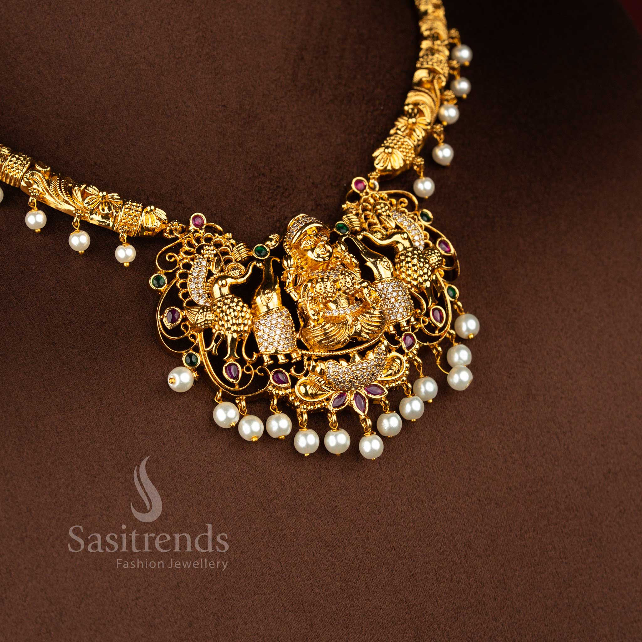 Divine Premium Matte Gold Plated Temple Gajalakshmi Goddess Lakshmi Peacock Nakshi Necklace Jewellery Set for Traditional Events & Cultural Celebrations - Image 2