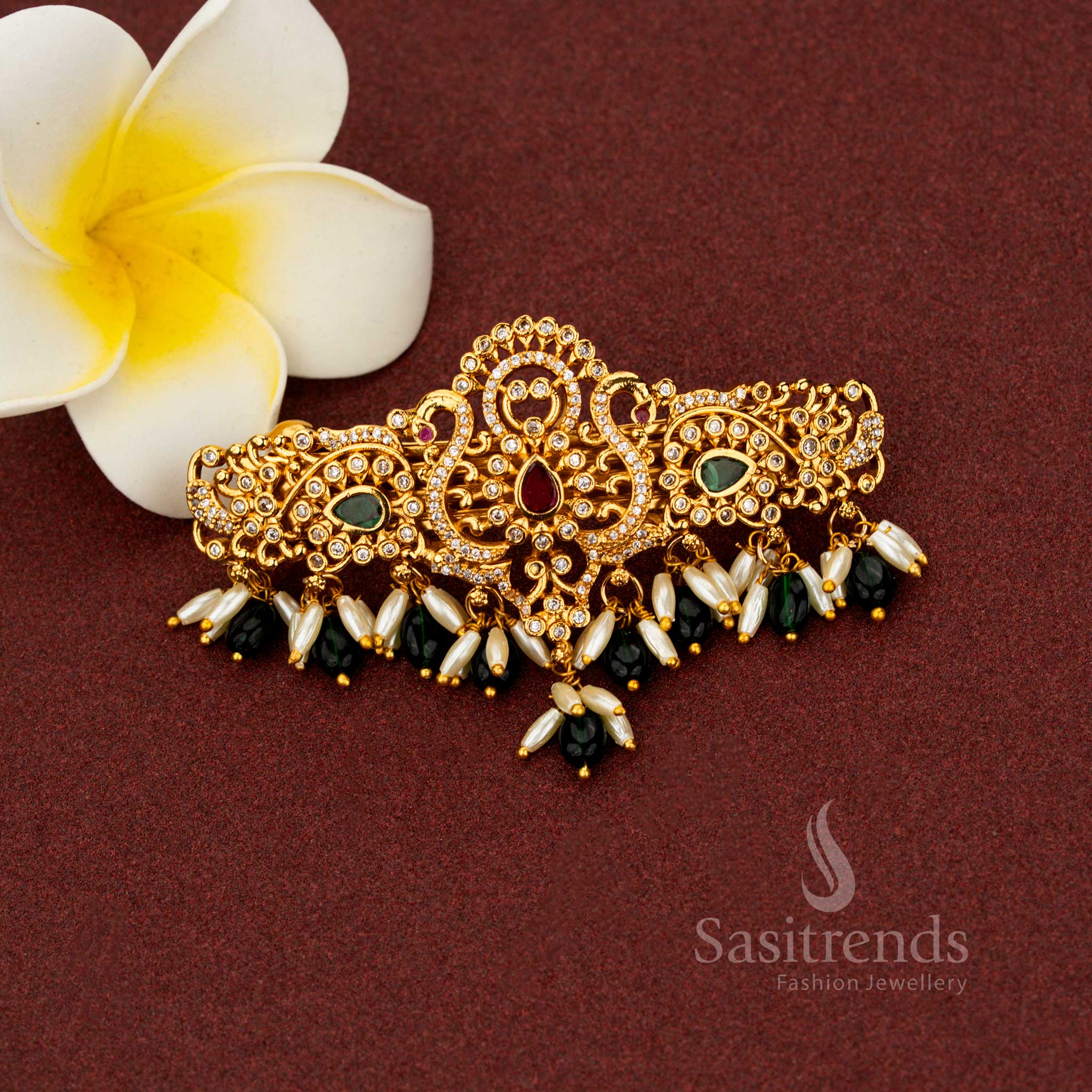 Attractive Temple Matte Gold Plated Teardrop Floral AD Hair Clip with Rice Pearl Danglers - Image 2