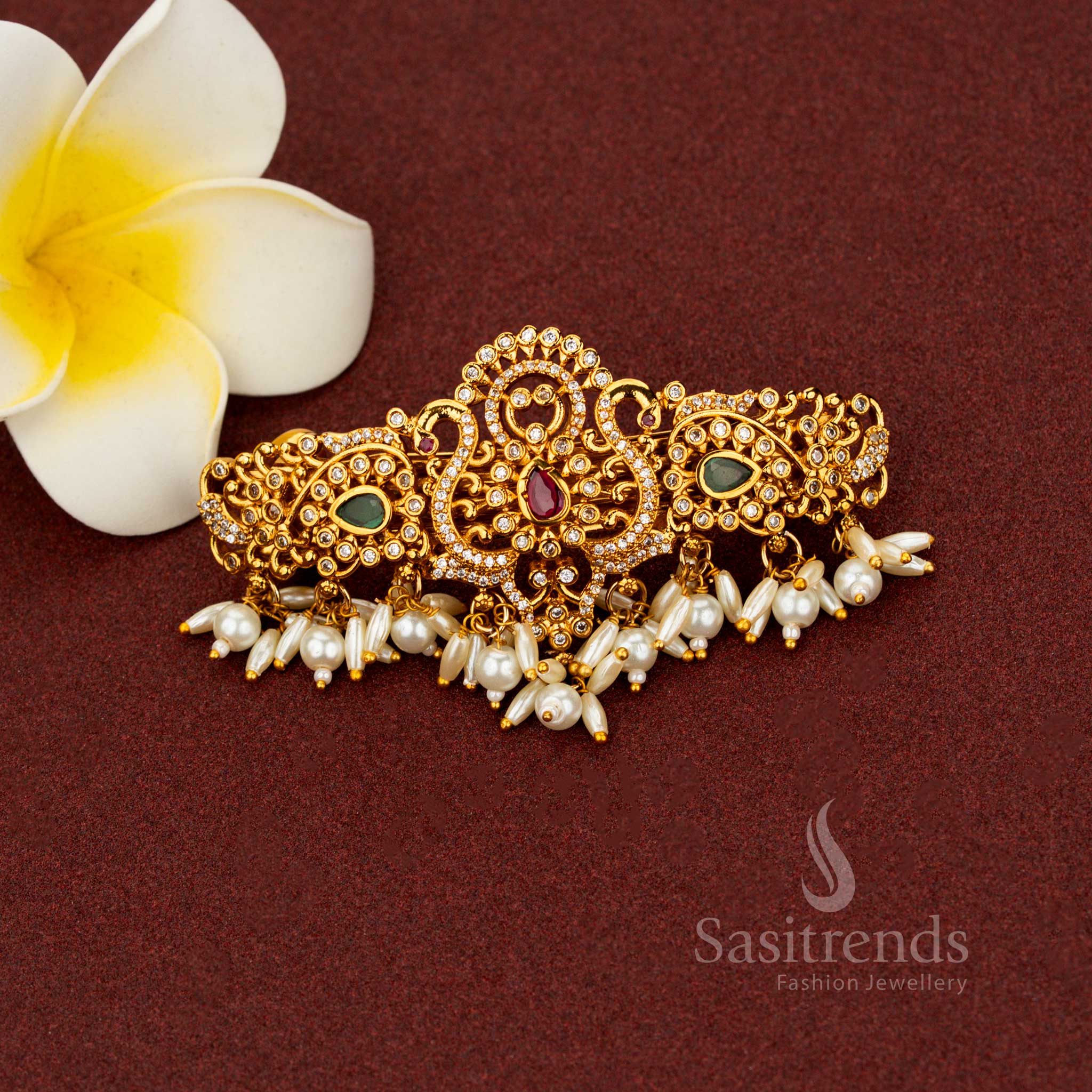 Attractive Temple Matte Gold Plated Teardrop Floral AD Hair Clip with Rice Pearl Danglers - Image 4