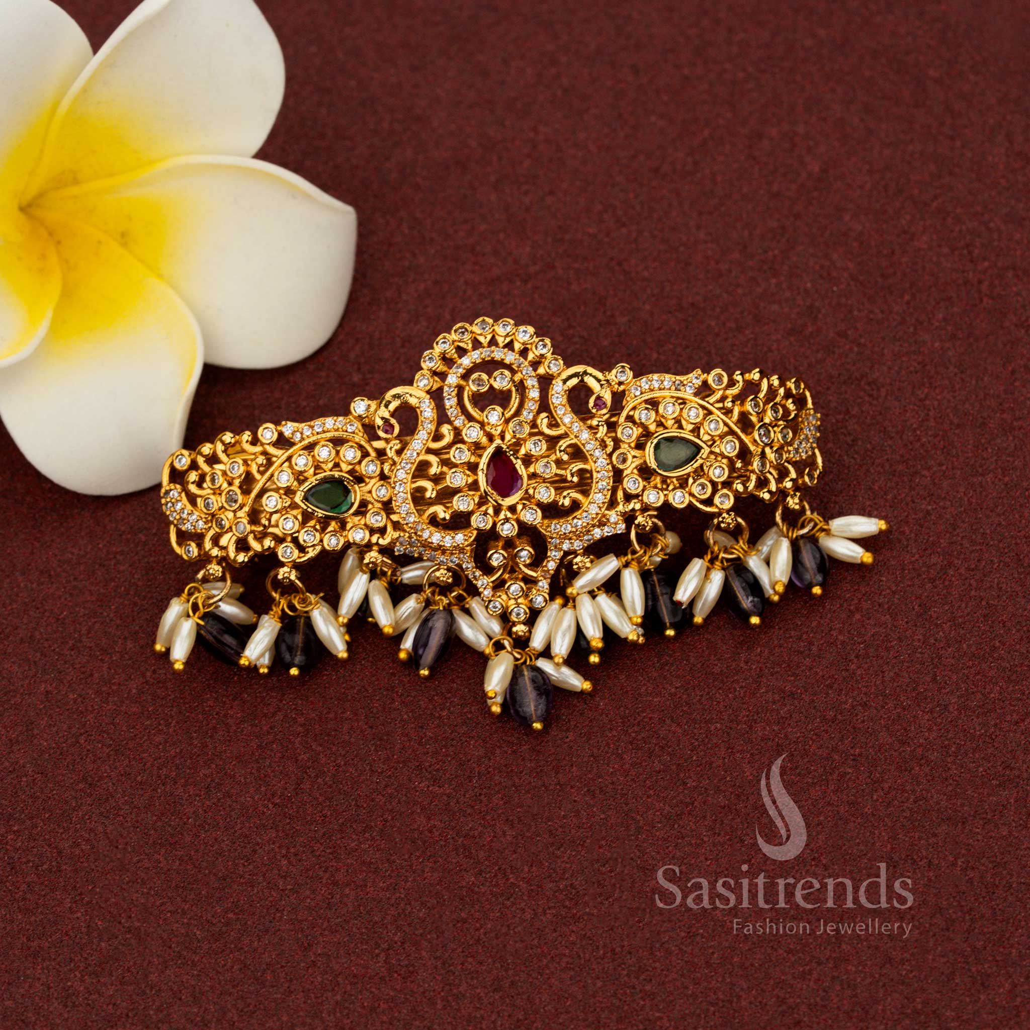 Attractive Temple Matte Gold Plated Teardrop Floral AD Hair Clip with Rice Pearl Danglers - Image 5
