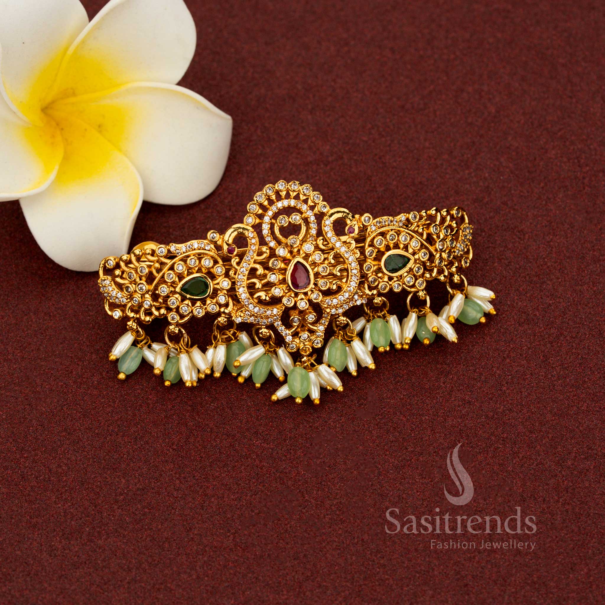 Attractive Temple Matte Gold Plated Teardrop Floral AD Hair Clip with Rice Pearl Danglers - Image 7