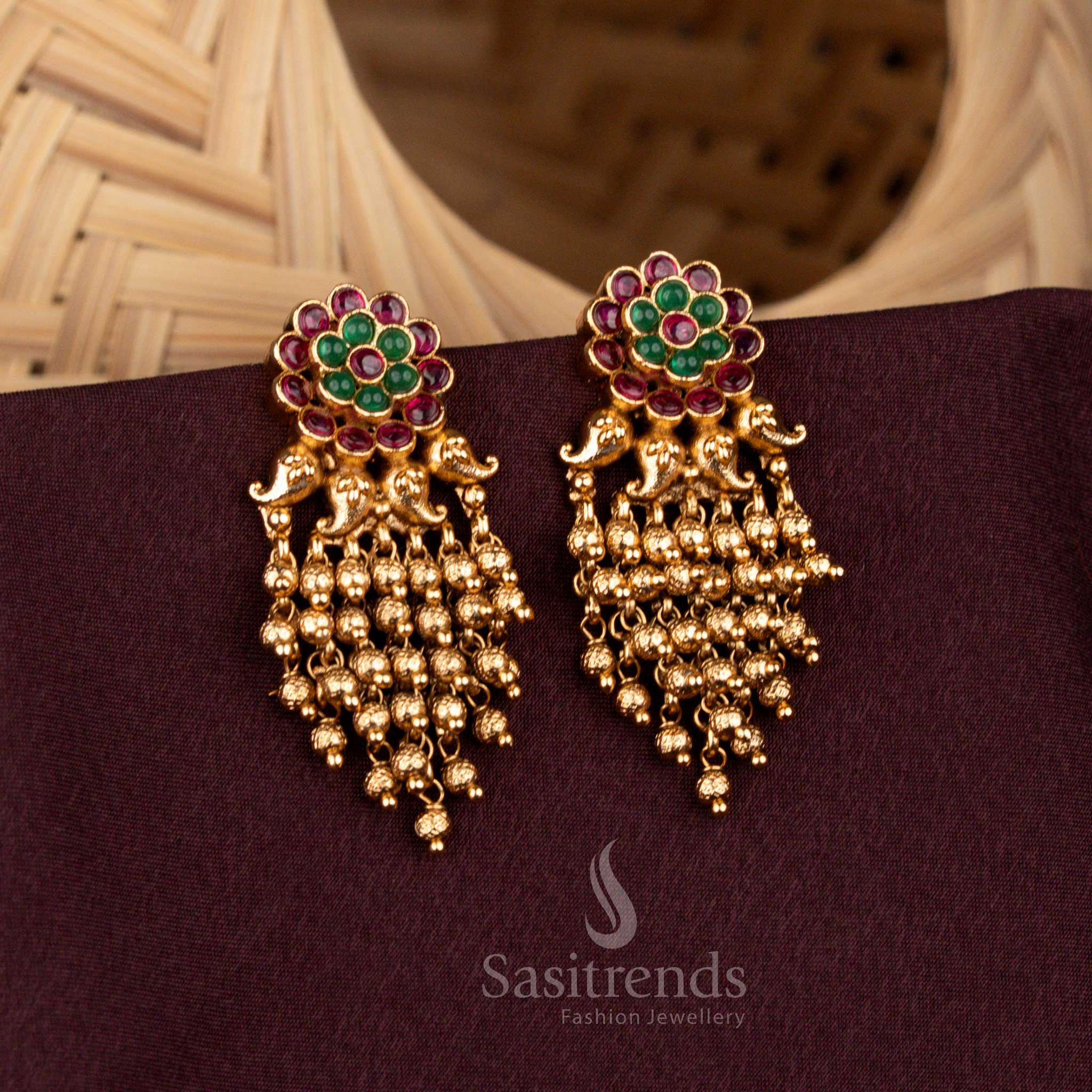 Premium Matte Gold Plated Temple Floral Earrings with Beads & Green Pearls – Sasitrends