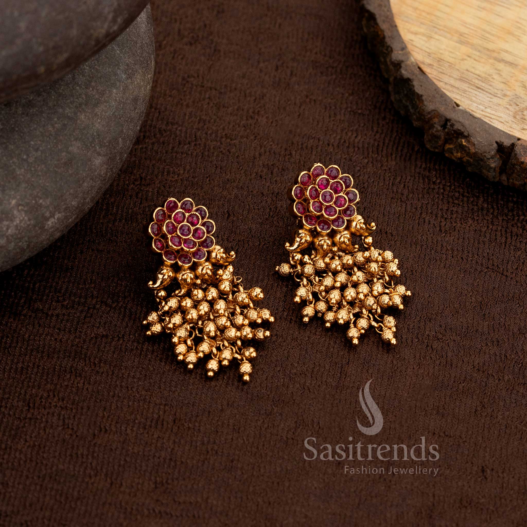 Premium Matte Gold Plated Temple Floral Earrings with Beads & Green Pearls – Sasitrends - Image 2