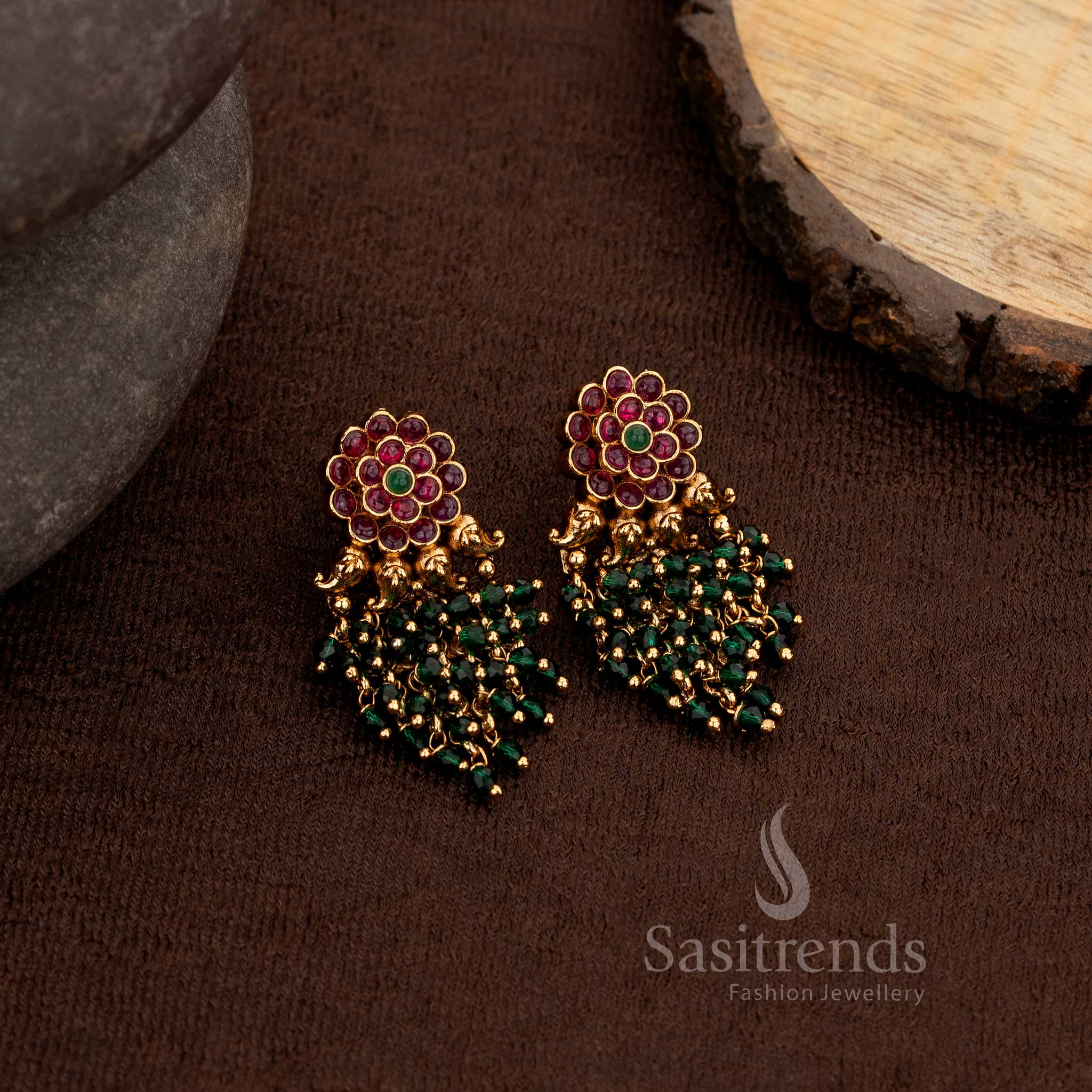 Premium Matte Gold Plated Temple Floral Earrings with Beads & Green Pearls – Sasitrends - Image 3