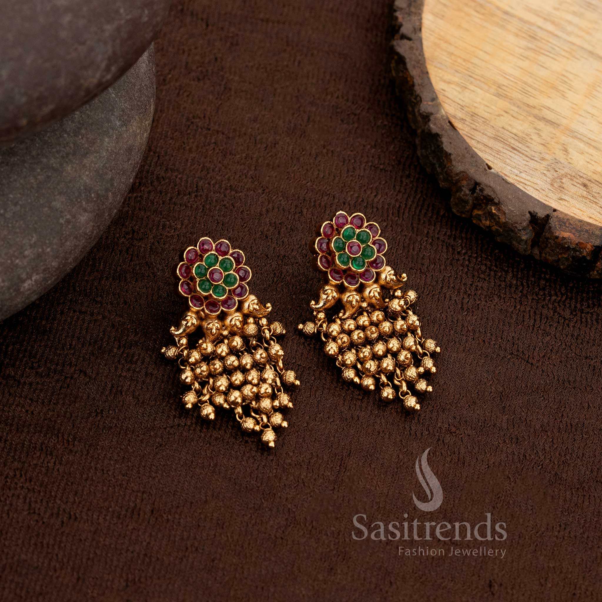 Premium Matte Gold Plated Temple Floral Earrings with Beads & Green Pearls – Sasitrends - Image 4