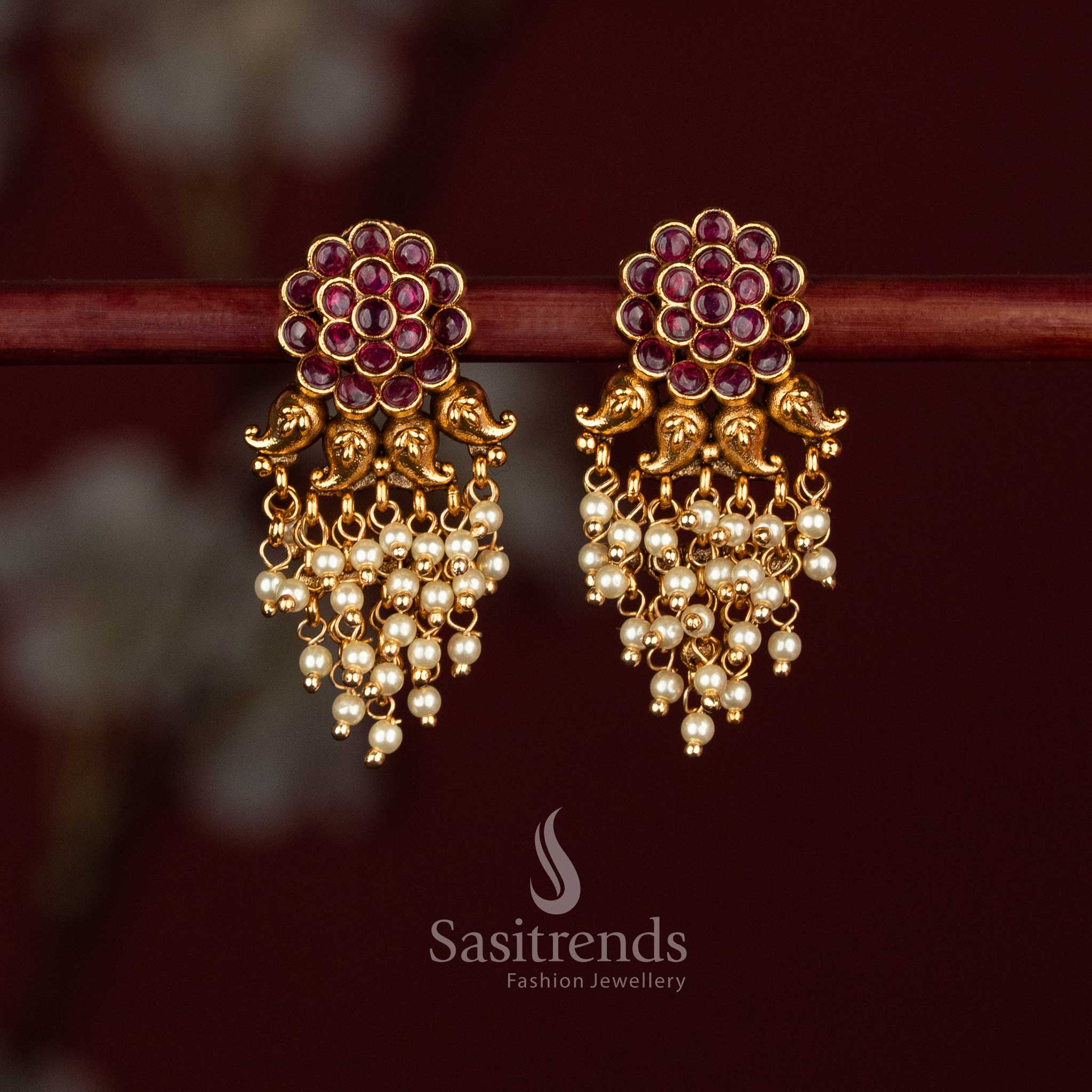 Premium Matte Gold Plated Temple Floral Earrings with Beads & Green Pearls – Sasitrends - Image 5