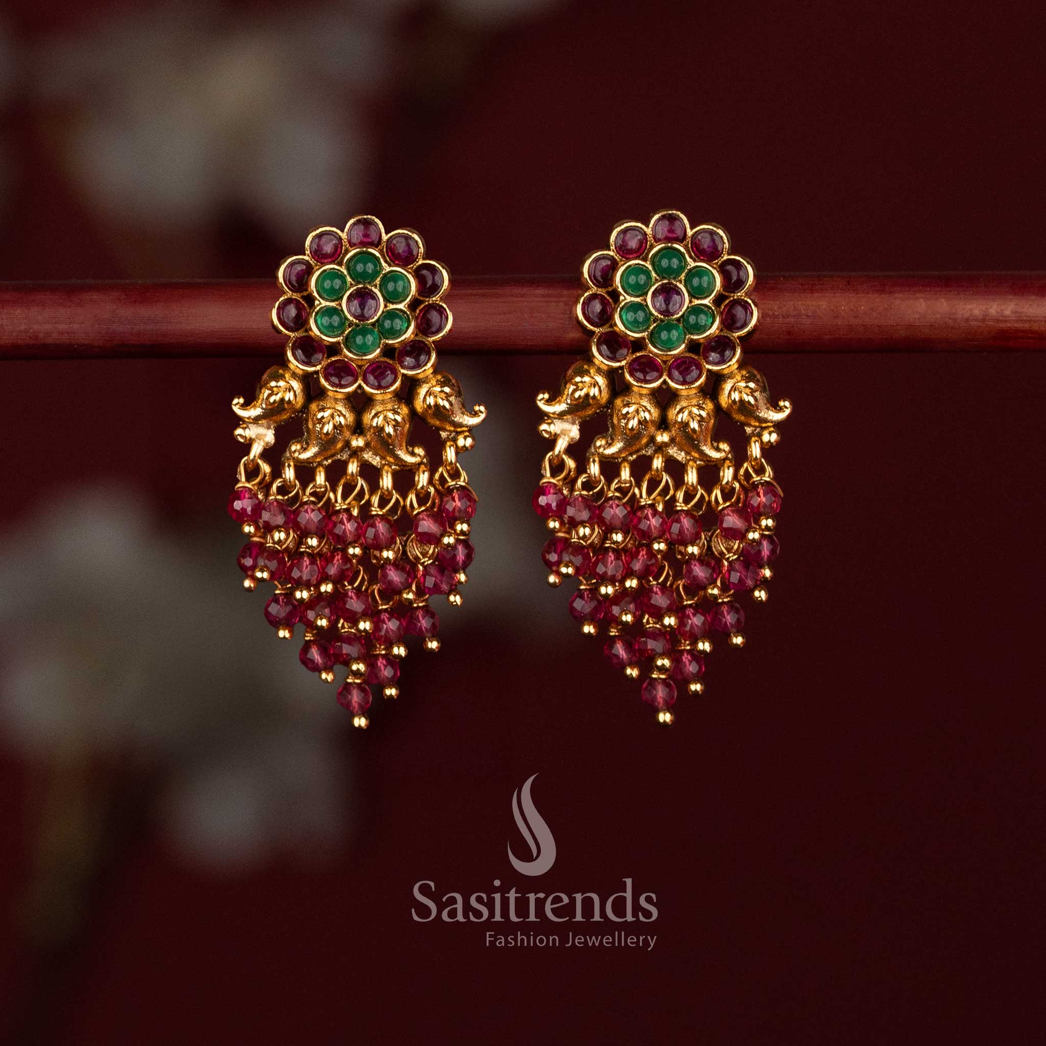 Premium Matte Gold Plated Temple Floral Earrings with Beads & Green Pearls – Sasitrends - Image 6