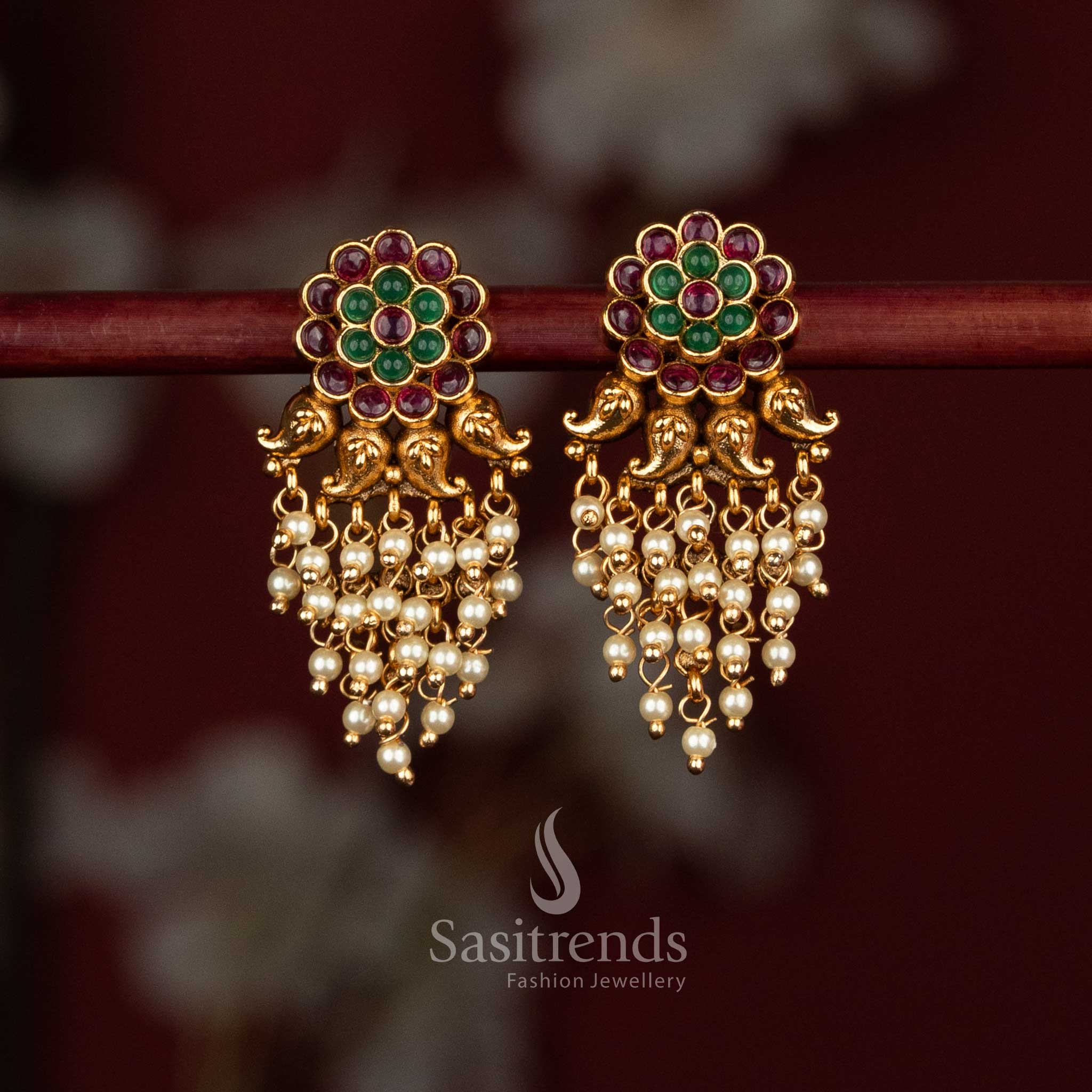 Premium Matte Gold Plated Temple Floral Earrings with Beads & Green Pearls – Sasitrends - Image 7
