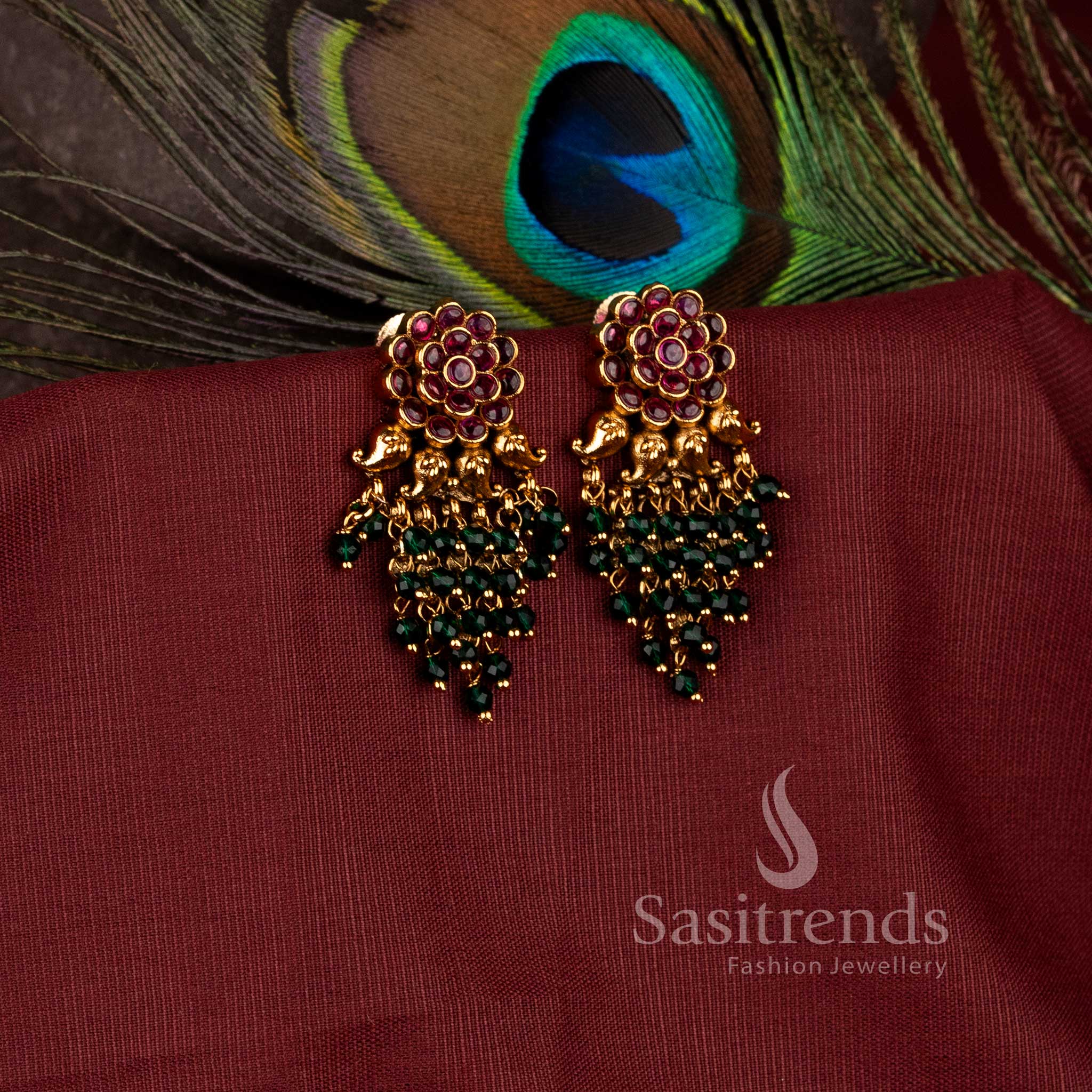 Premium Matte Gold Plated Temple Floral Earrings with Beads & Green Pearls – Sasitrends - Image 8