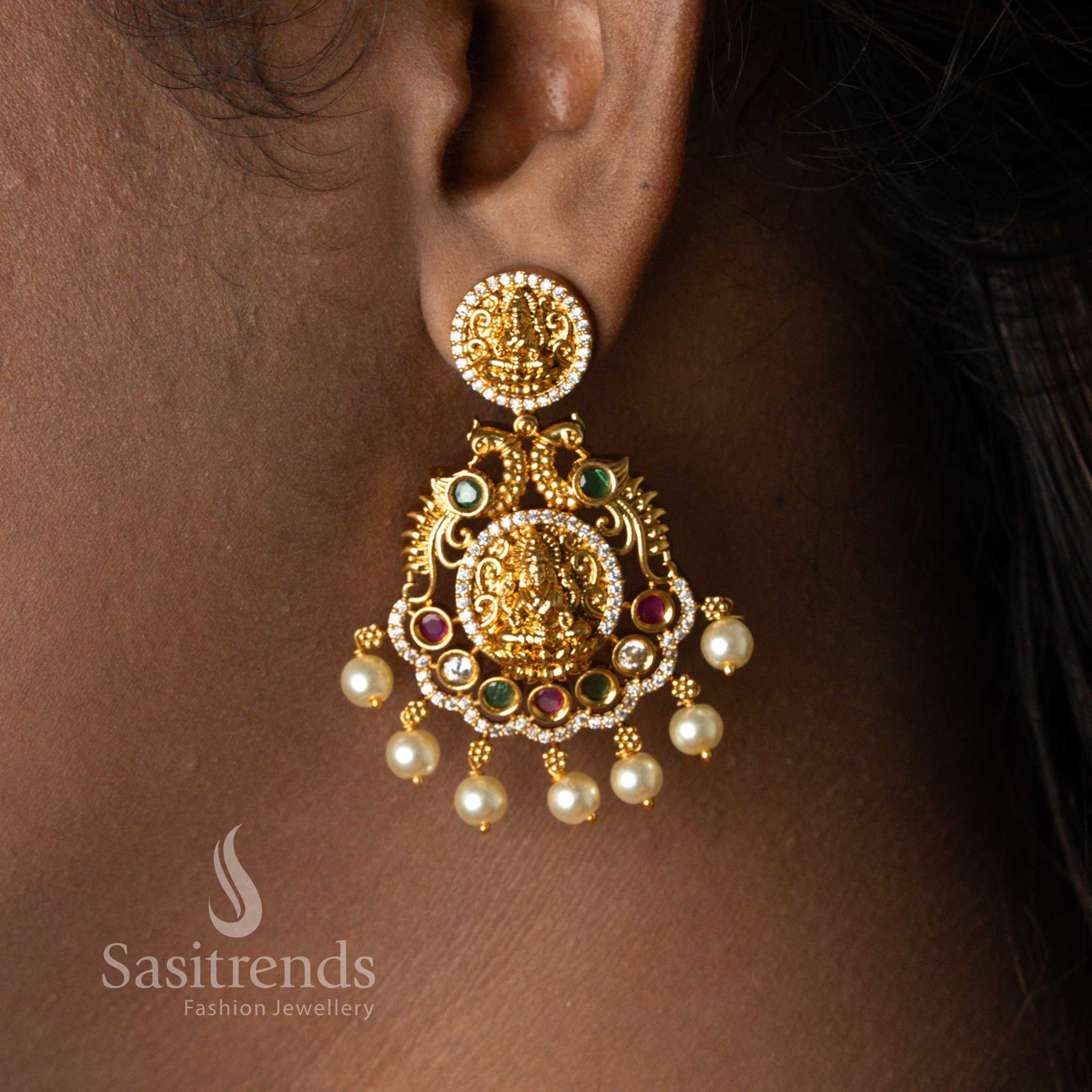 Premium Temple Matte Gold Plated Lakshmi Pendant Necklace Jewellery Set with AD Stones, Pearl Droppings and Round Lakshmi Coin Motifs – Bridal & Temple Jewellery - Sasitrends - Image 3