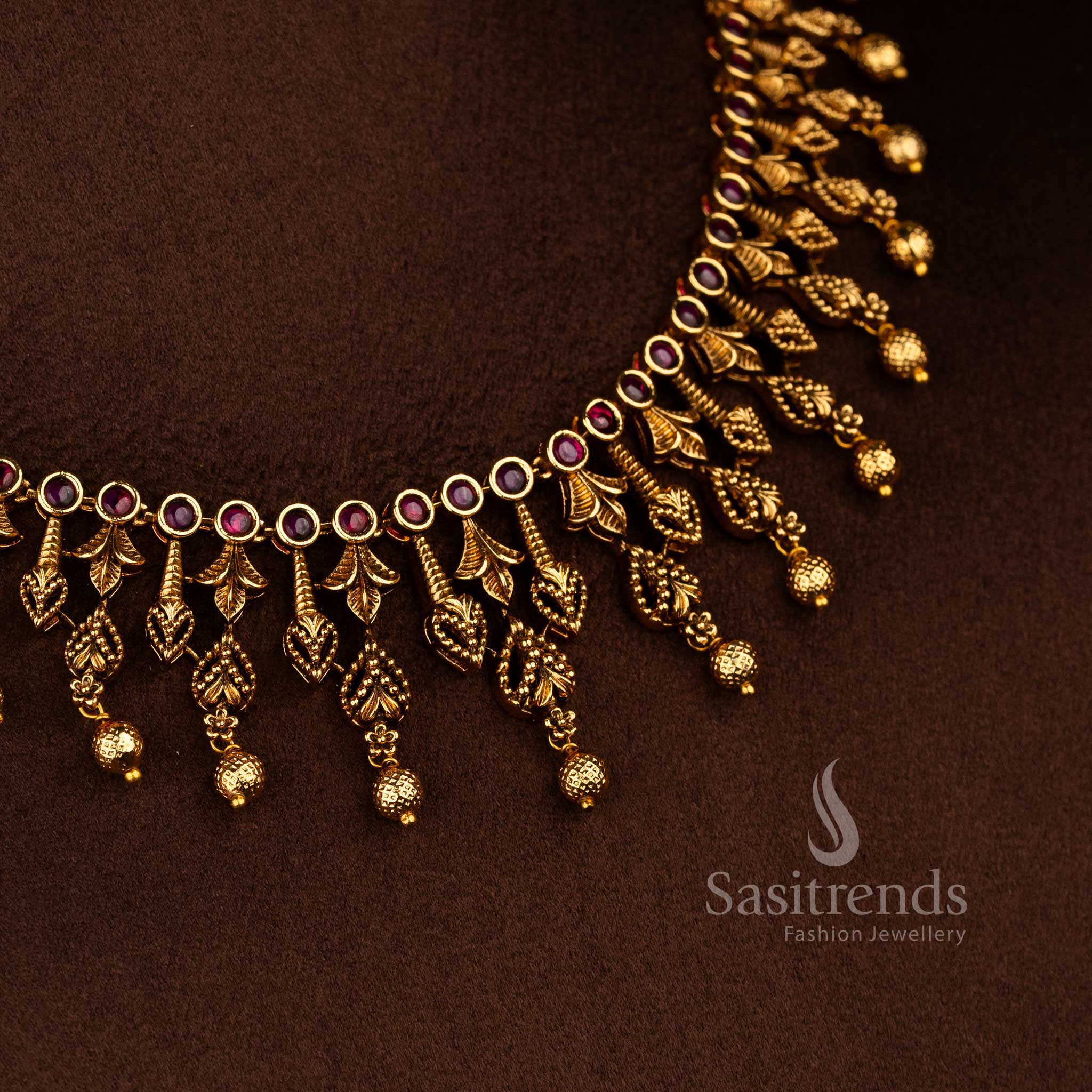 Traditional Temple Matte Gold Plated AD Stone Leaf Motif Necklace Jewellery Set with Hanging Beads | Bridal Wear Jewellery - Image 2