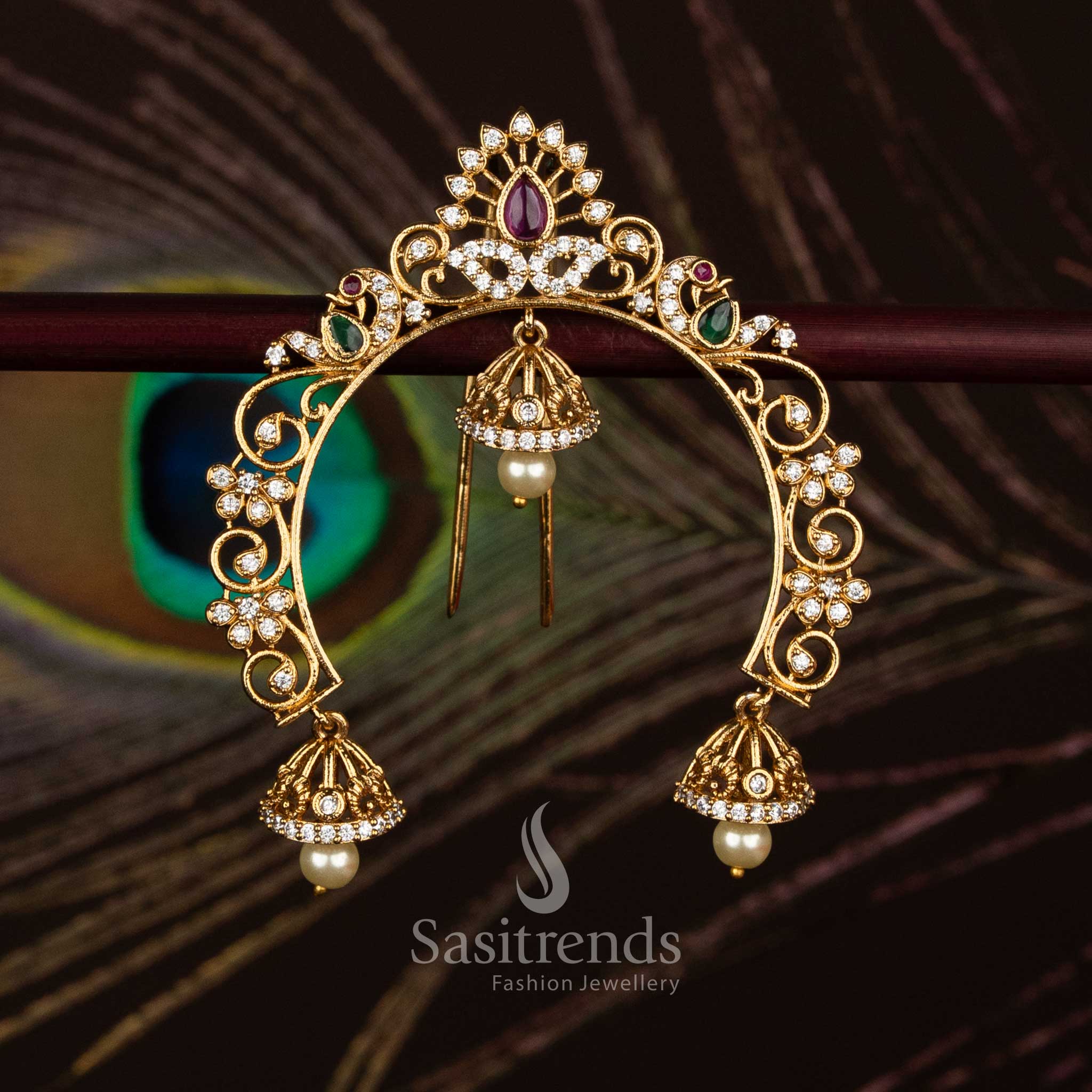 Wonderful Premium Temple Matte Gold Plated AD Peacock Arch Bell Dome Pearl Hair Brooch for Wedding Wear
