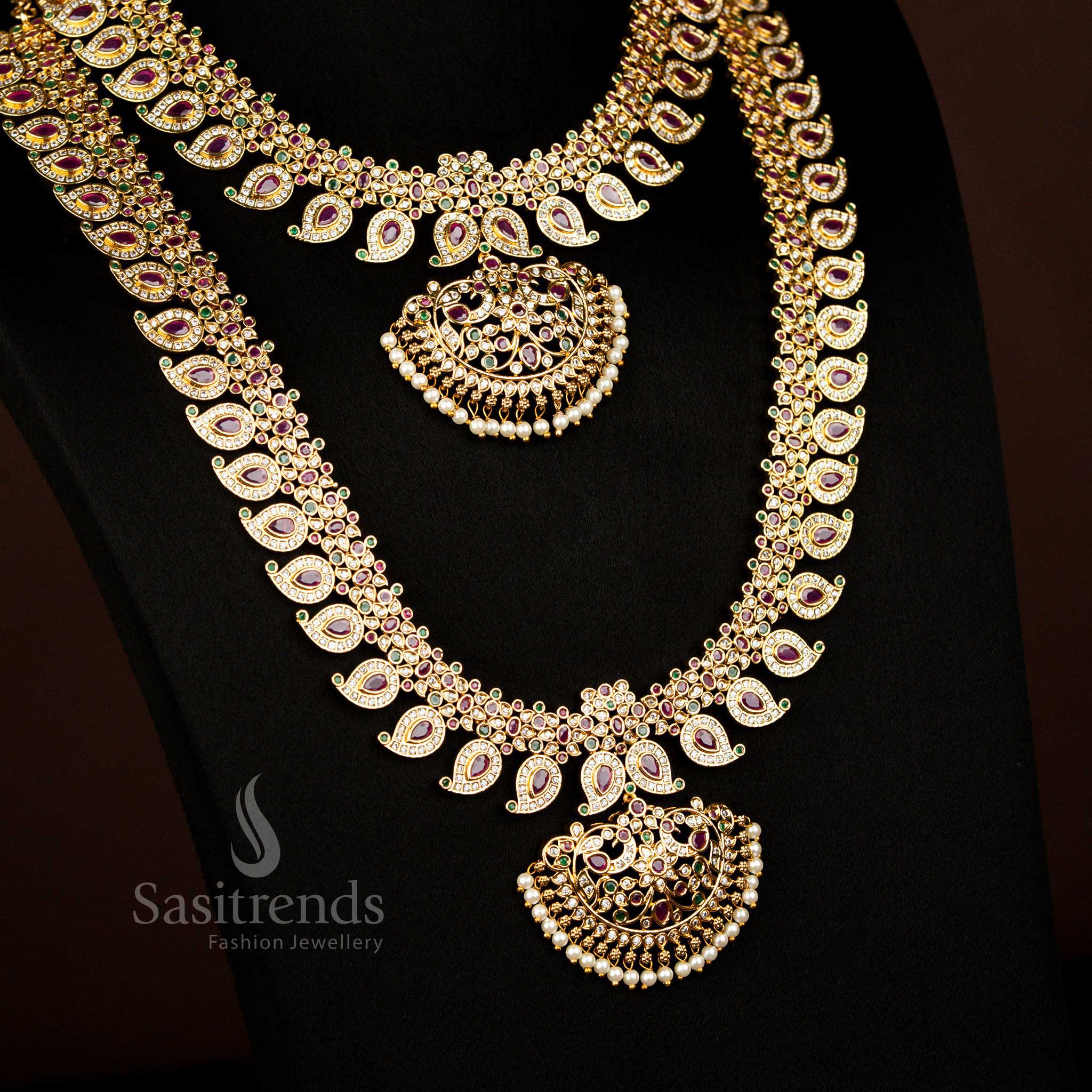 Premium Temple Matte Gold Plated Peacock Mango Short Long Combo Necklace Jewellery Set for Wedding & Bridal Wear - Image 5