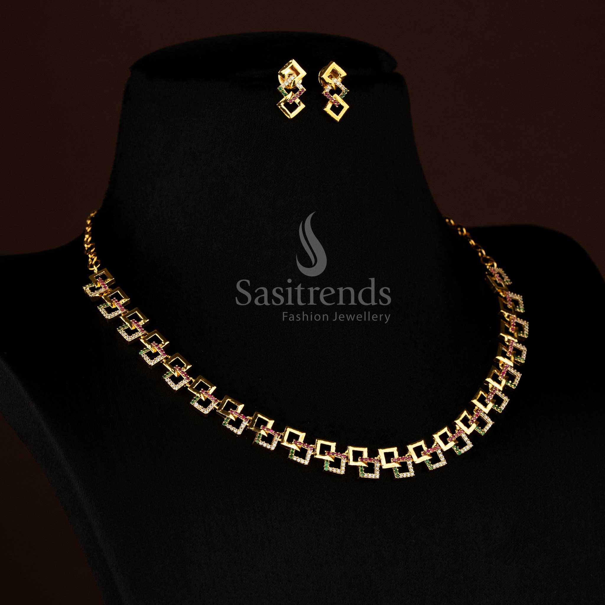 Gorgeous American Diamond Geometric Link Necklace Jewellery Set | Matte Gold, Rhodium Silver & Rose Gold Plated - Image 3