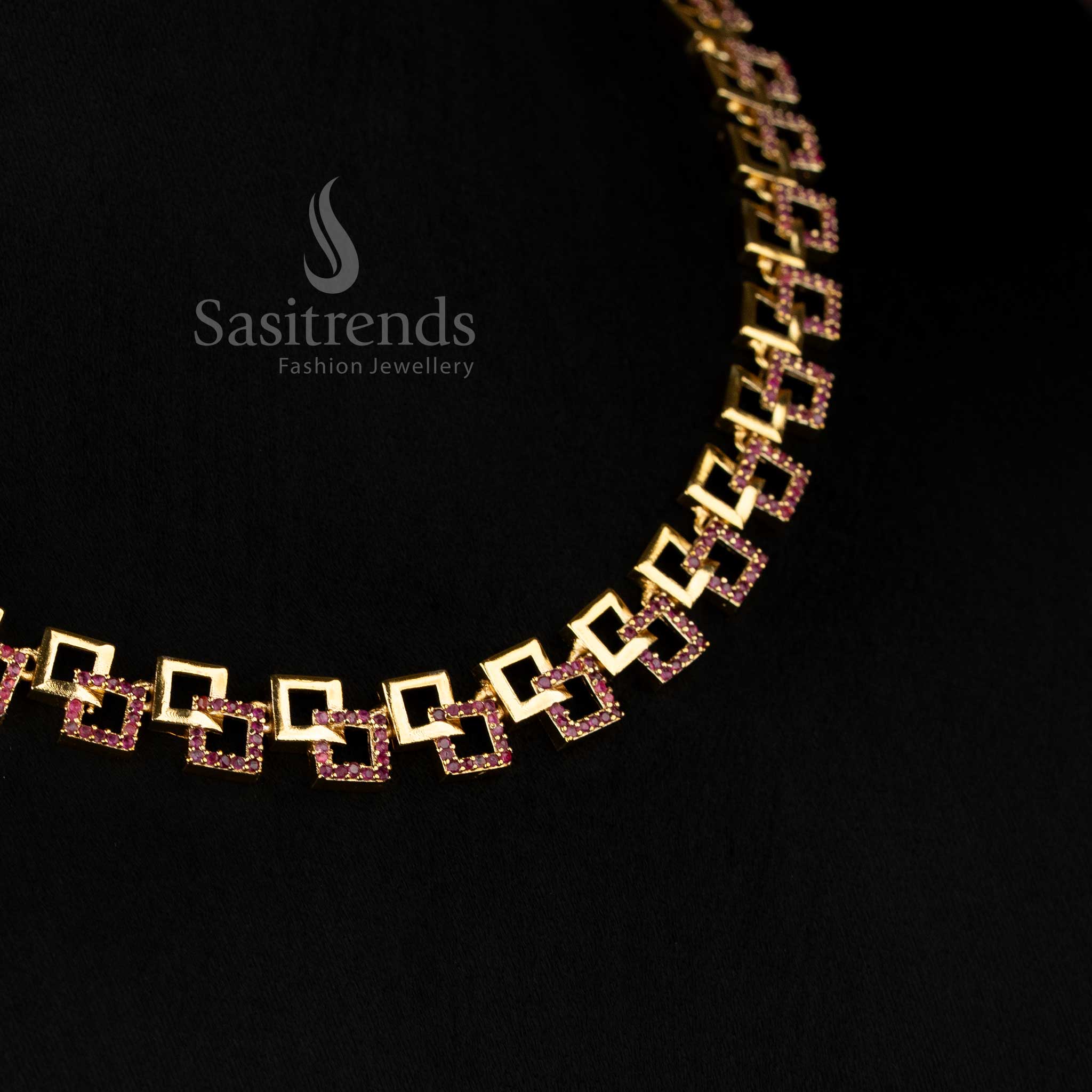 Gorgeous American Diamond Geometric Link Necklace Jewellery Set | Matte Gold, Rhodium Silver & Rose Gold Plated - Image 4