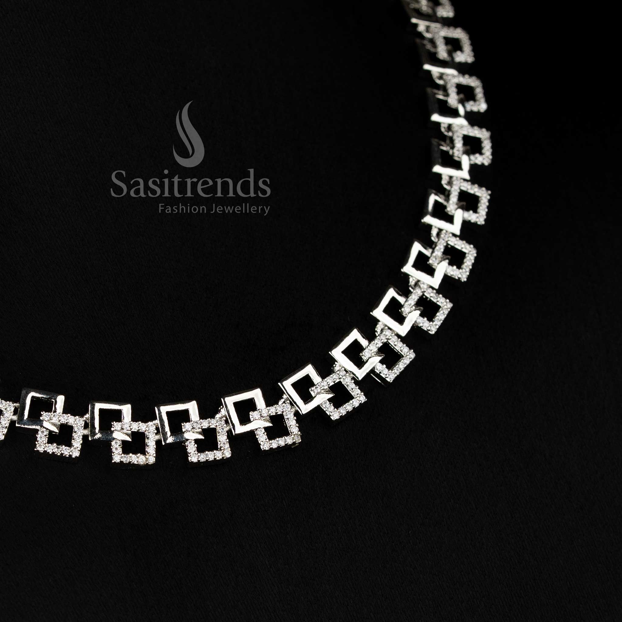 Gorgeous American Diamond Geometric Link Necklace Jewellery Set | Matte Gold, Rhodium Silver & Rose Gold Plated - Image 6