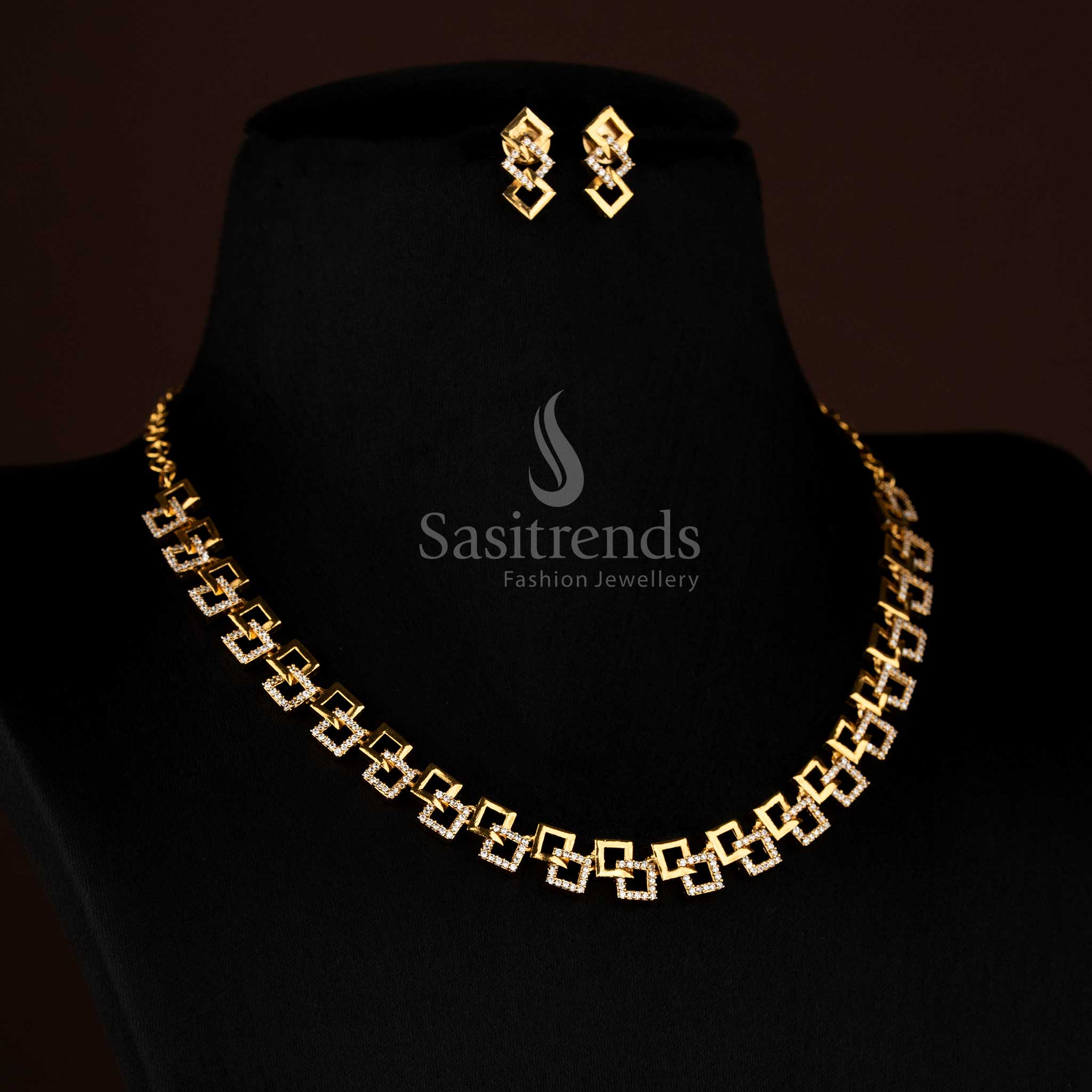 Gorgeous American Diamond Geometric Link Necklace Jewellery Set | Matte Gold, Rhodium Silver & Rose Gold Plated - Image 7