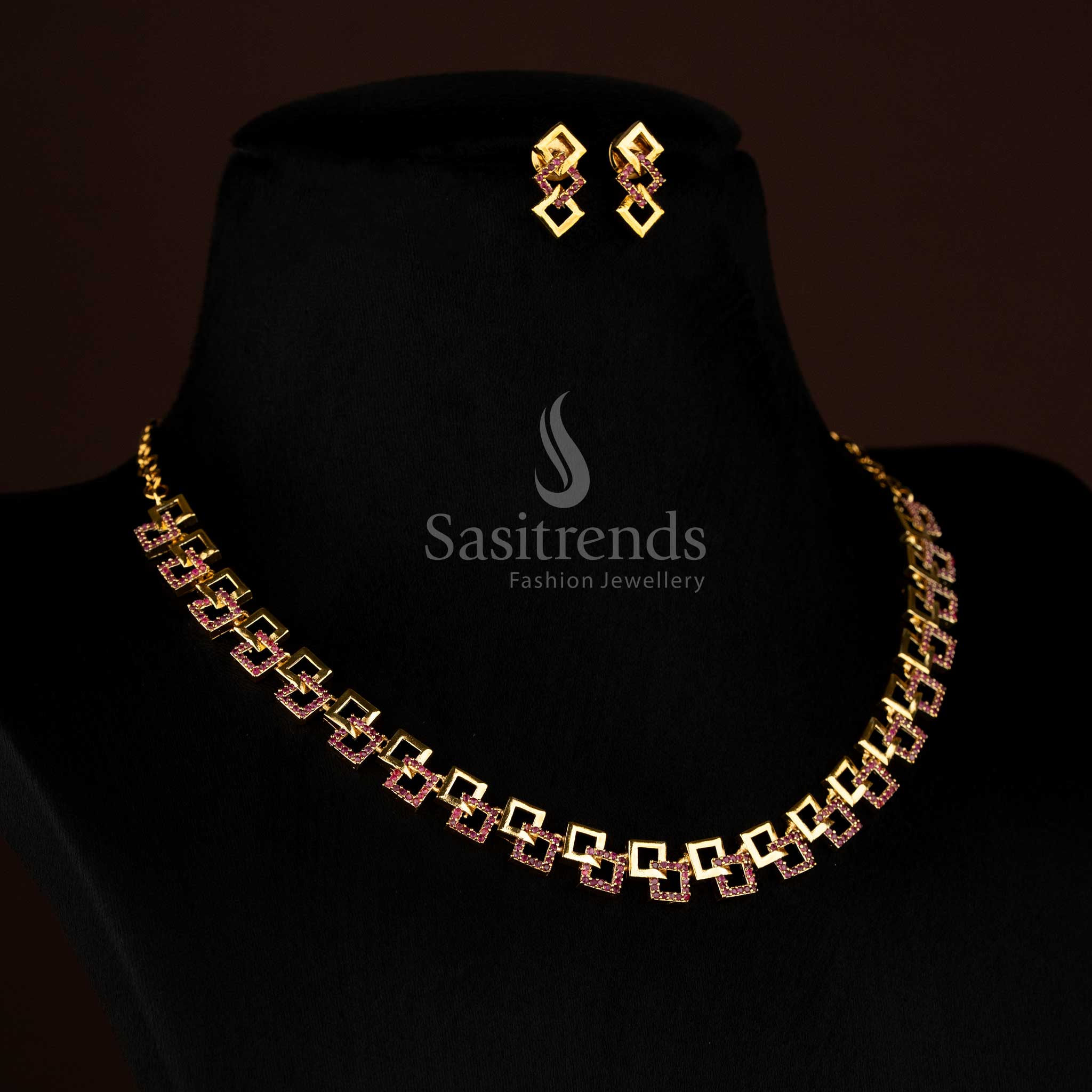 Gorgeous American Diamond Geometric Link Necklace Jewellery Set | Matte Gold, Rhodium Silver & Rose Gold Plated - Image 8