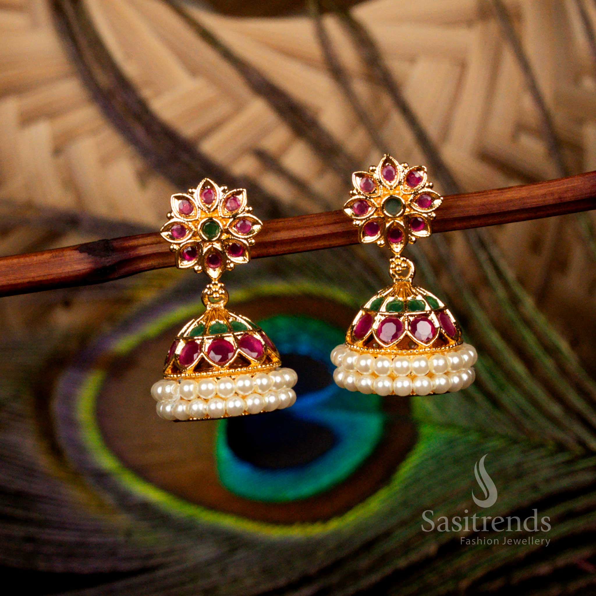 Pristine Micro Gold Plated Guaranteed AD Stone Floral Dome Jhumka Earrings with Pearl For Wedding Bridal And Festive Wear - Image 2