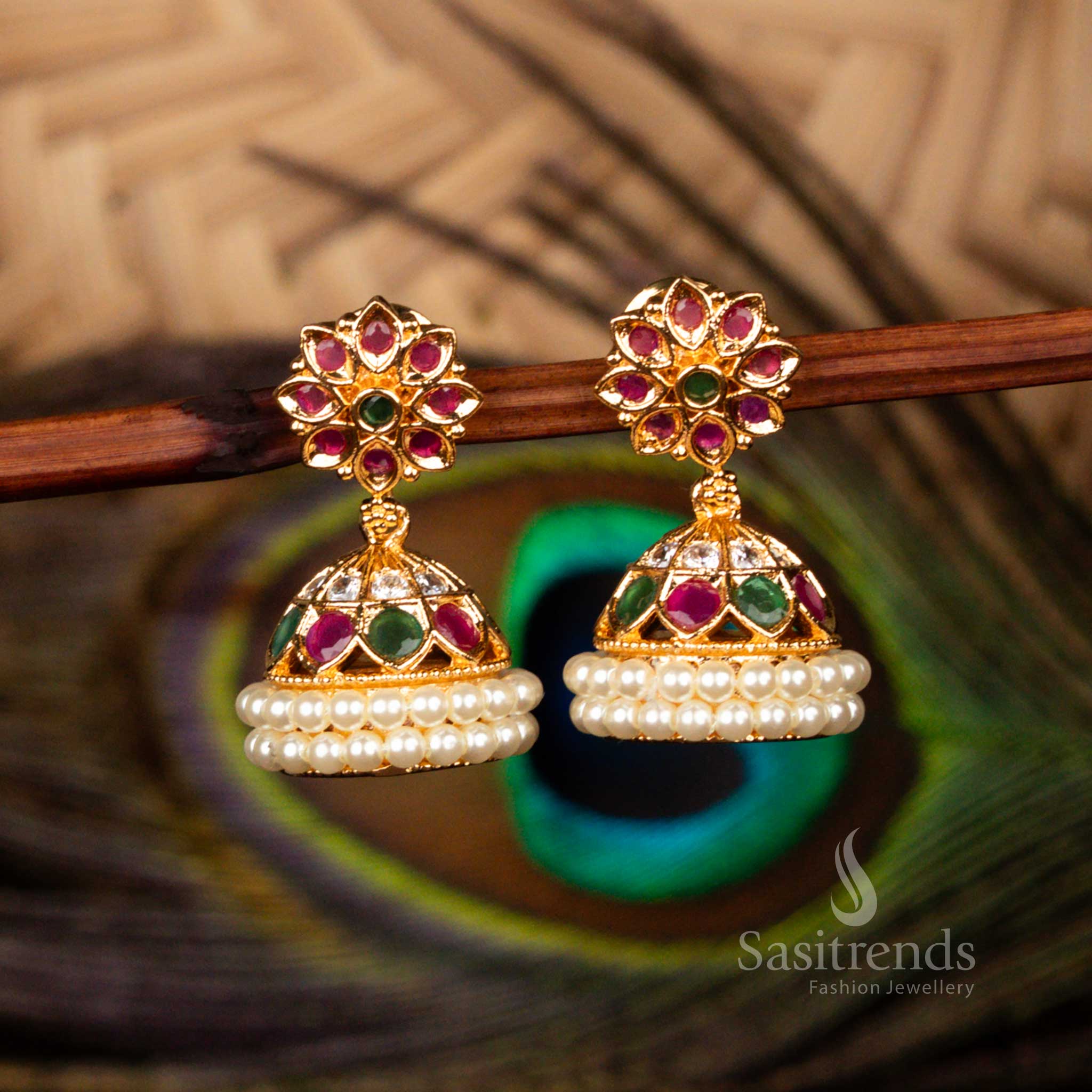 Pristine Micro Gold Plated Guaranteed AD Stone Floral Dome Jhumka Earrings with Pearl For Wedding Bridal And Festive Wear - Image 5