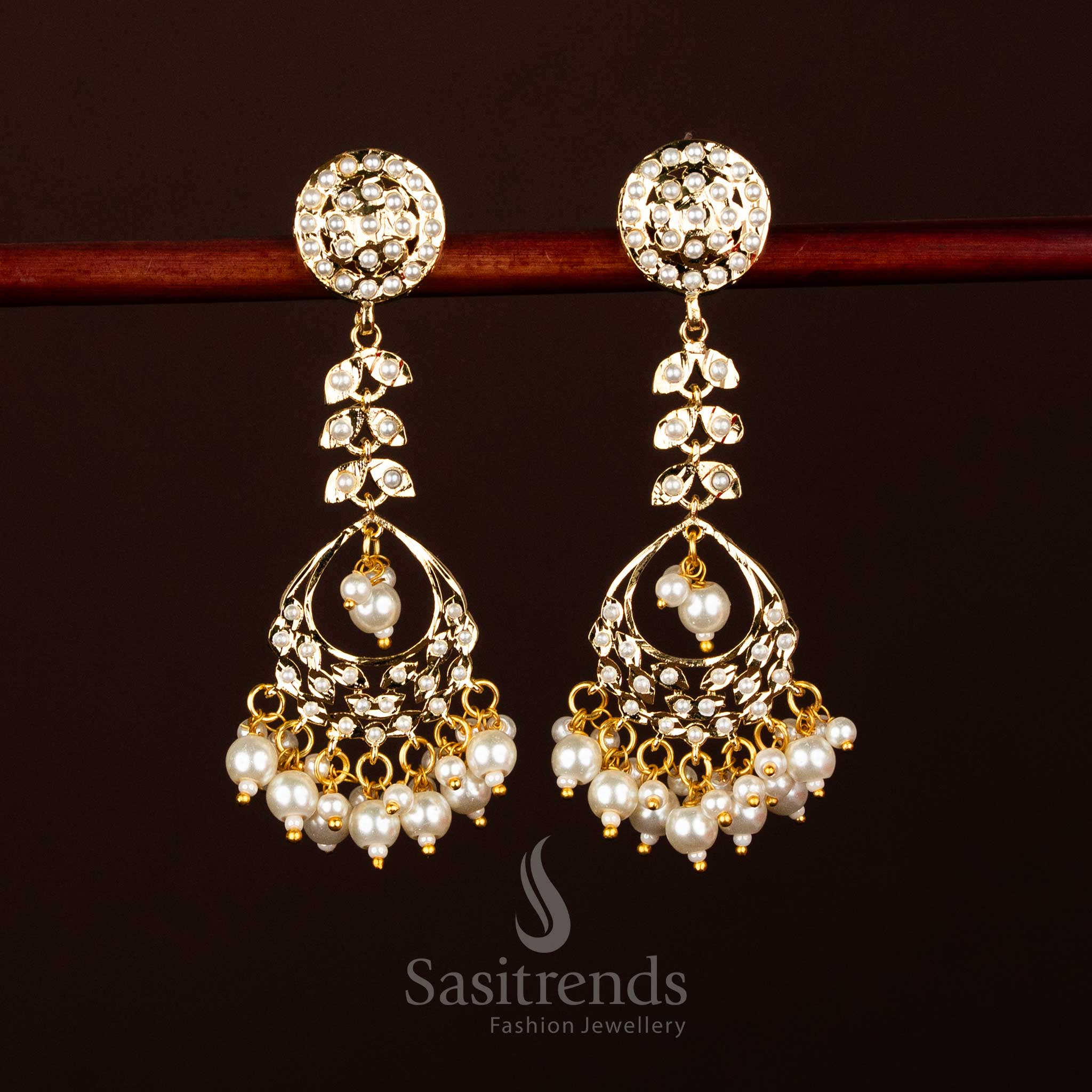 Amazing Punjabi Jadau 24K Micro Gold Plated Elegant Leaf Dangler Pearl Earrings for Weddings & Festive Wear – Guaranteed
