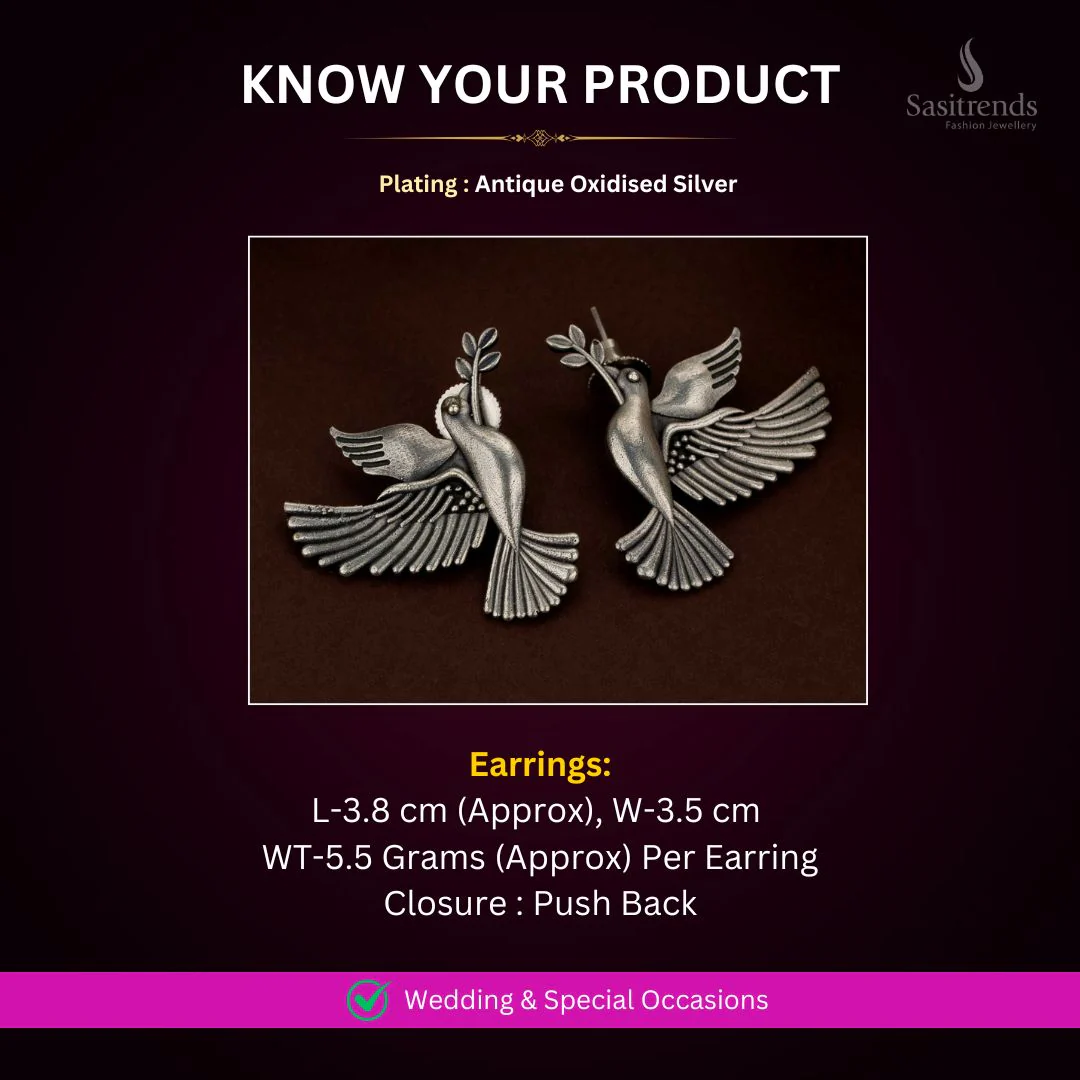 Radiant 92.5 Silver Plated Antique Oxidised Flying Bird Earrings – Look Like Real Silver for Cultural Gatherings & Casual Ethnic Wear - Image 2