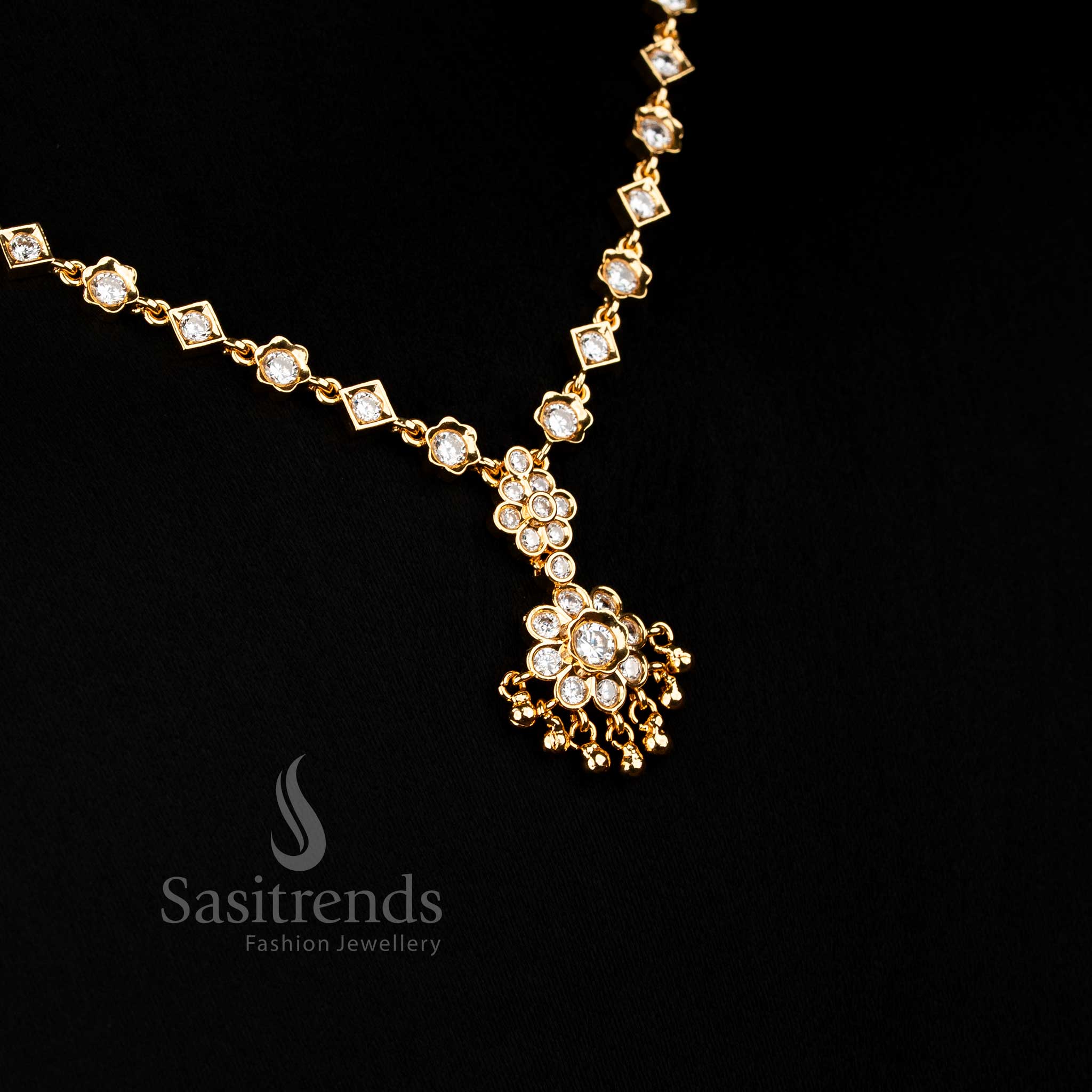Radiant American Diamond Micro Gold Plated Floral Necklace Set with Golden Beads for Party Wear - Image 10