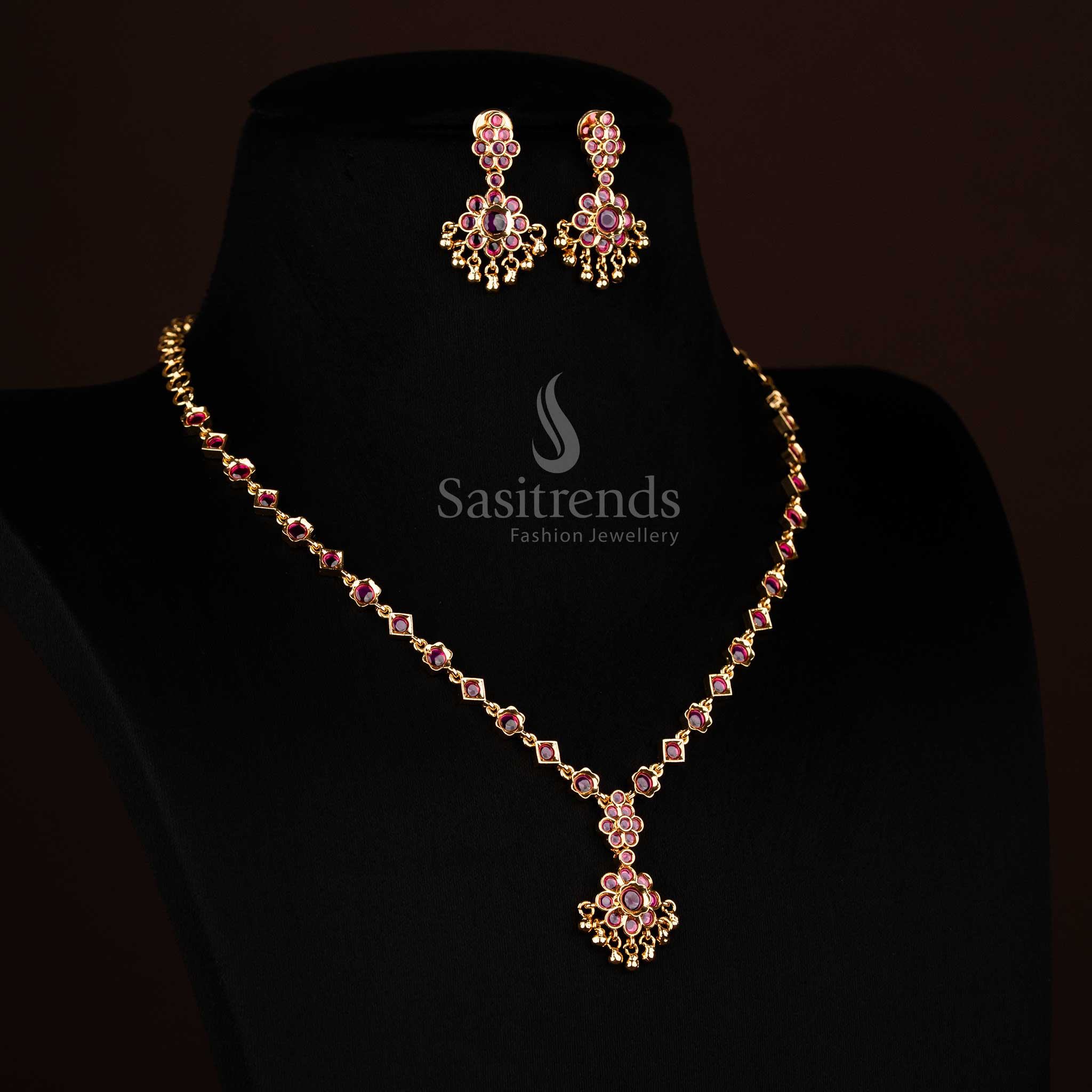 Radiant American Diamond Micro Gold Plated Floral Necklace Set with Golden Beads for Party Wear - Image 7