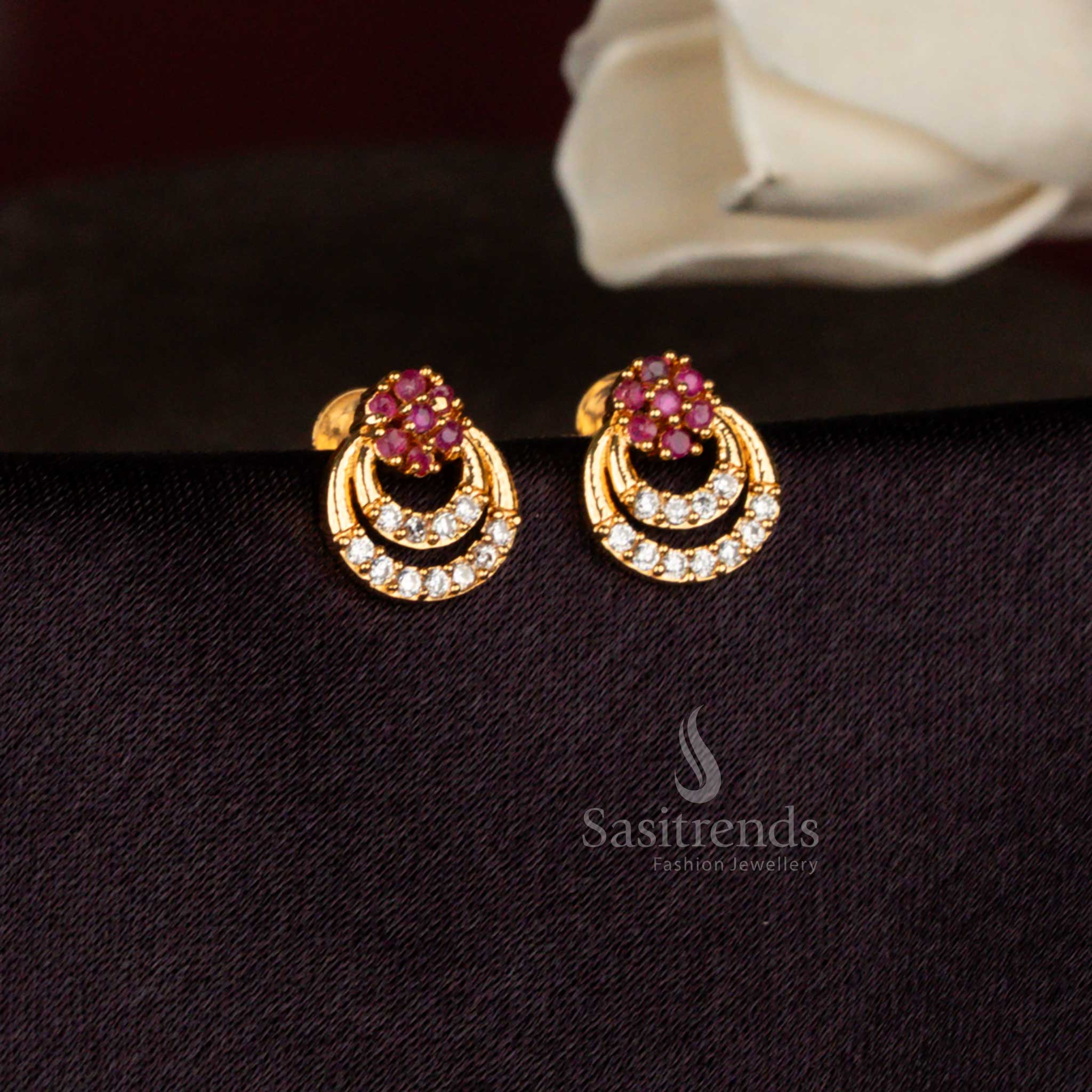 Radiant American Diamond Micro Gold Plated Floral Double Crescent Stud Earrings for Festive Occasions, Functions & Elegant Styling - Image 2