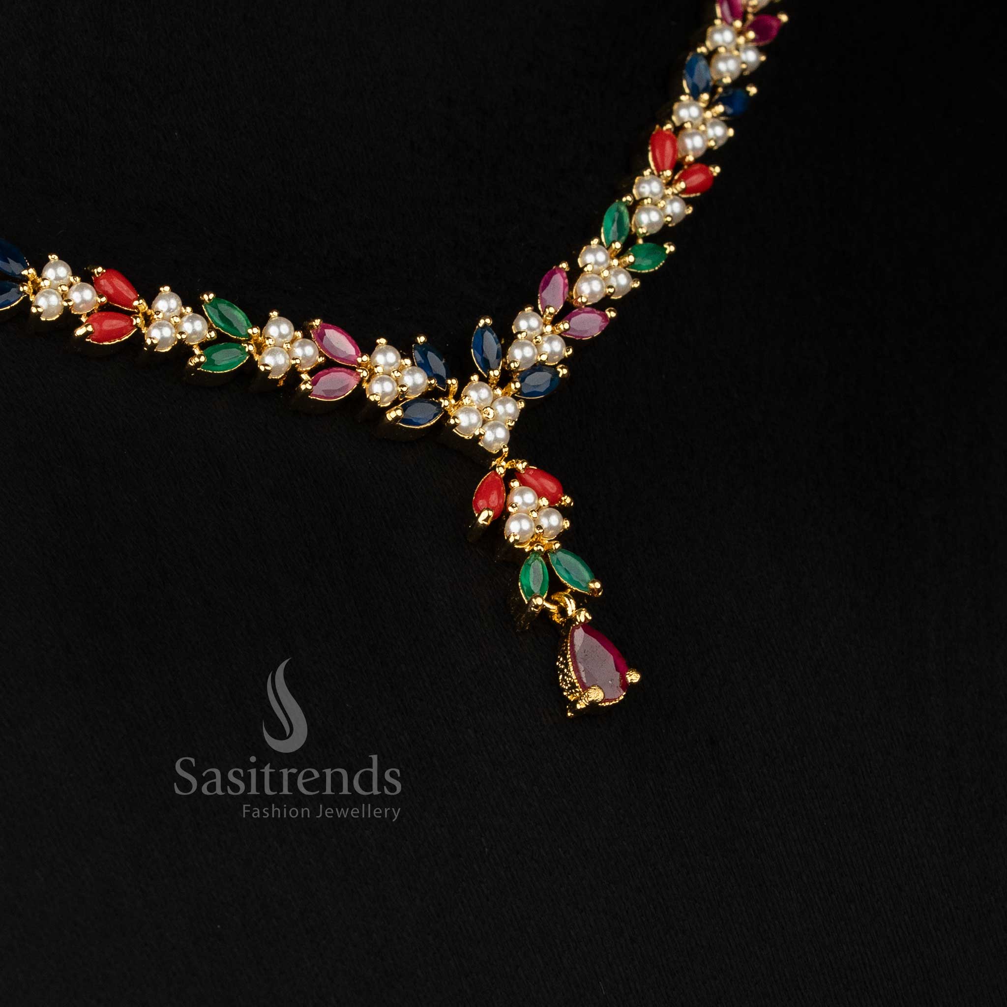 Radiant American Diamond Micro Gold Plated Triangle-Cut Pearl Leaf Necklace Jewellery Set for Party Evenings & Style Events - Image 2