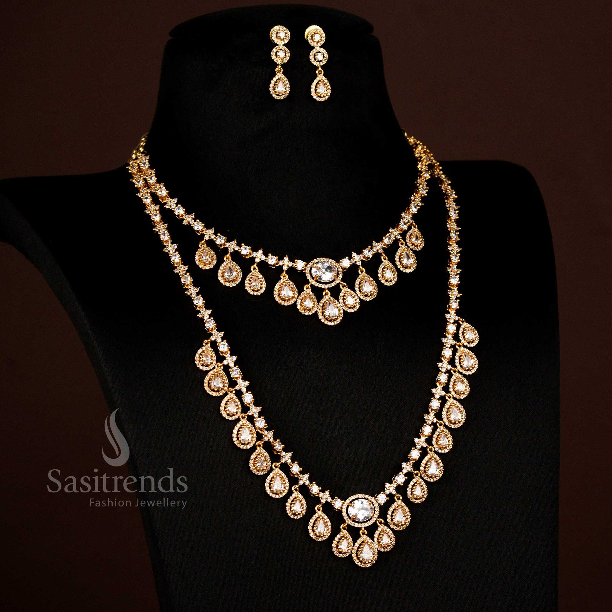 Radiant American Diamond Matte Gold Plated Dropping Water Necklace Combo Jewellery Set for Wedding and Party Wear