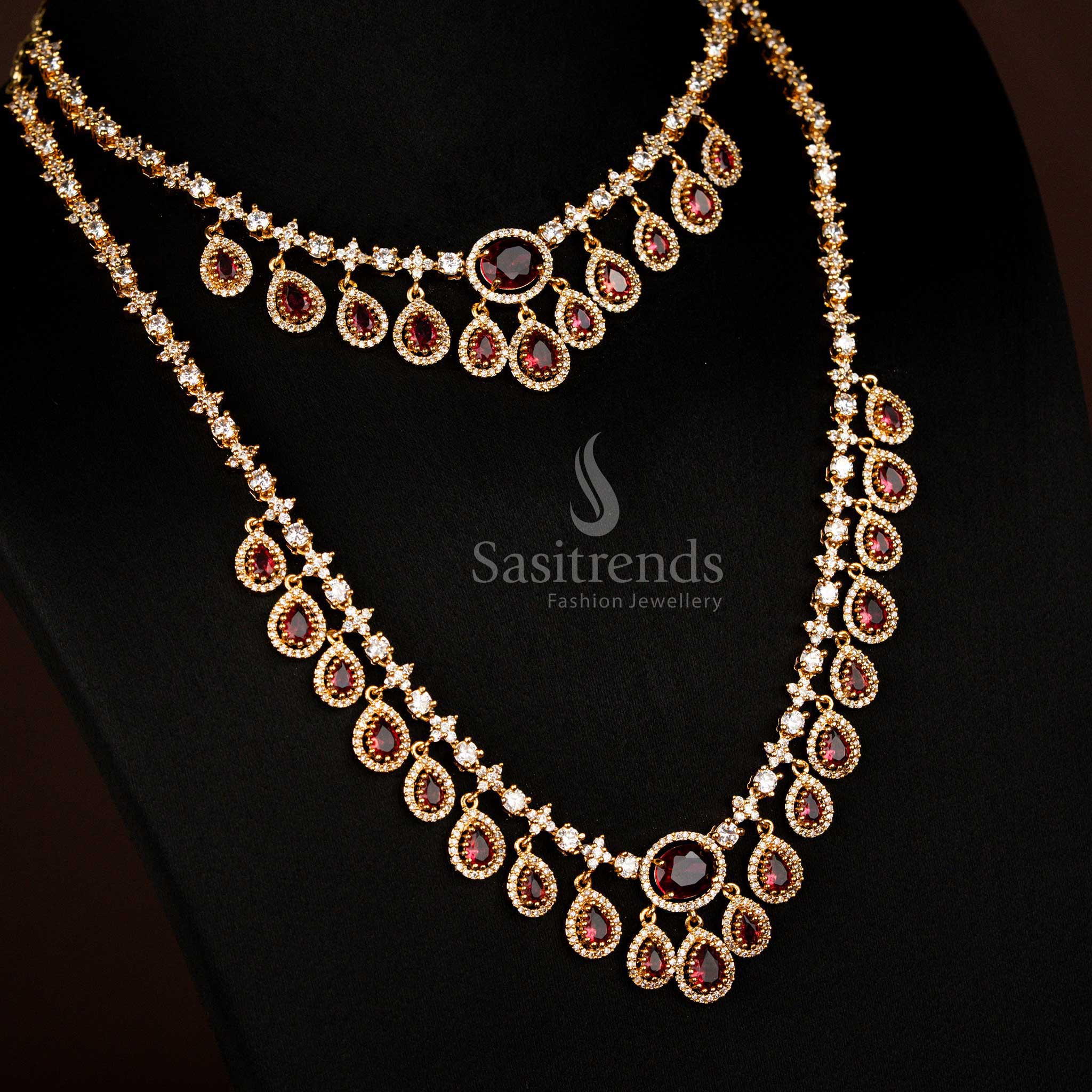 Radiant American Diamond Matte Gold Plated Dropping Water Necklace Combo Jewellery Set for Wedding and Party Wear - Image 2